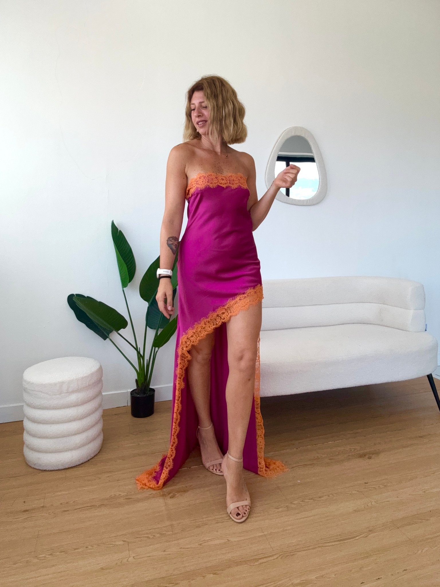 Abito senza spalline asimmetrico effetto seta con pizzo Michelle - G.Glamour