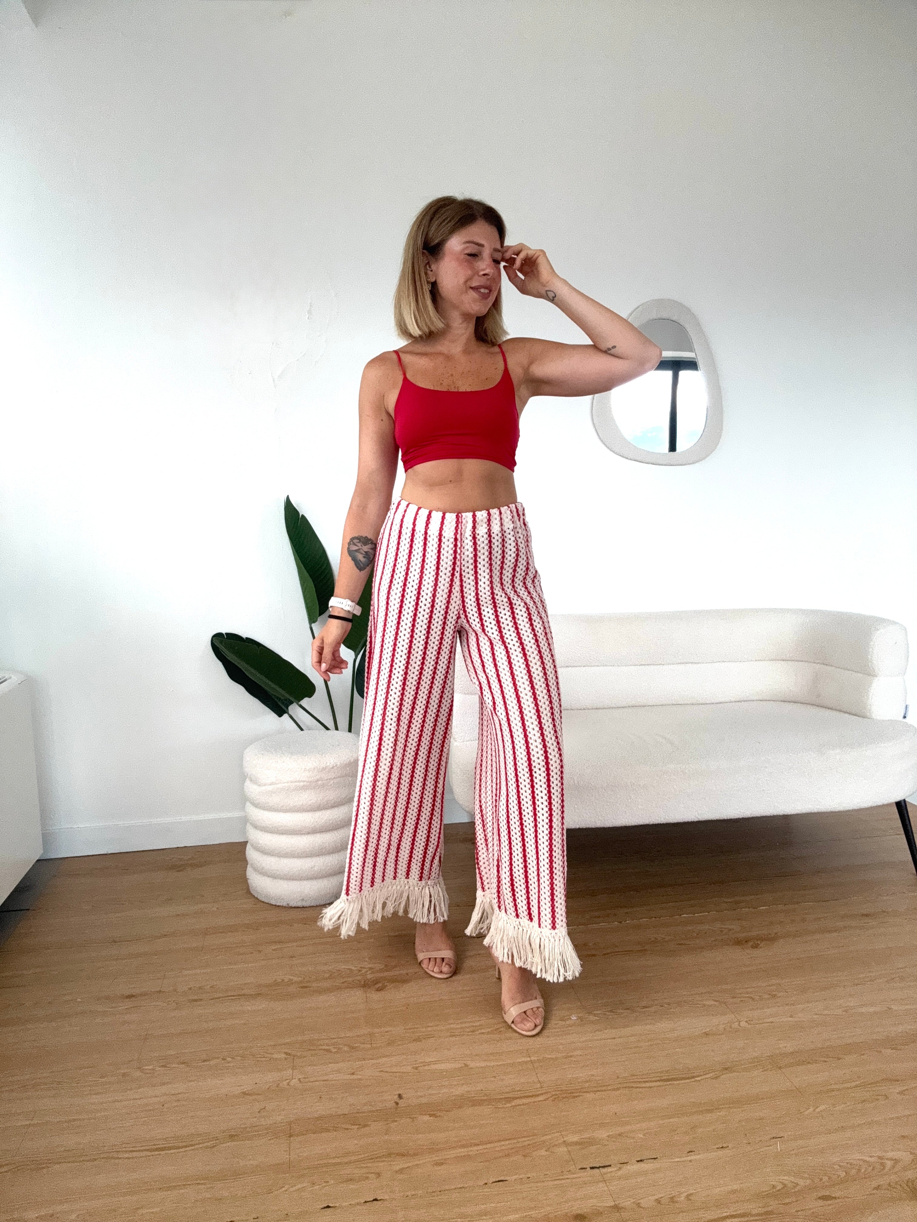 Pantaloni crochet a righe con frange completo Paros