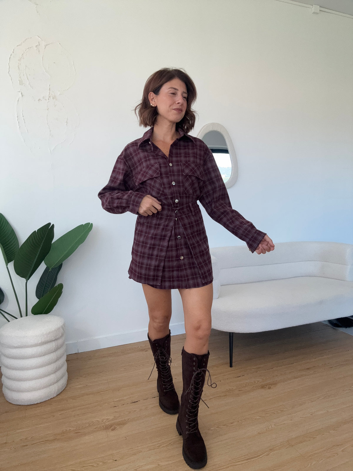 Completo a quadri maxi camicia e gonna a cintura