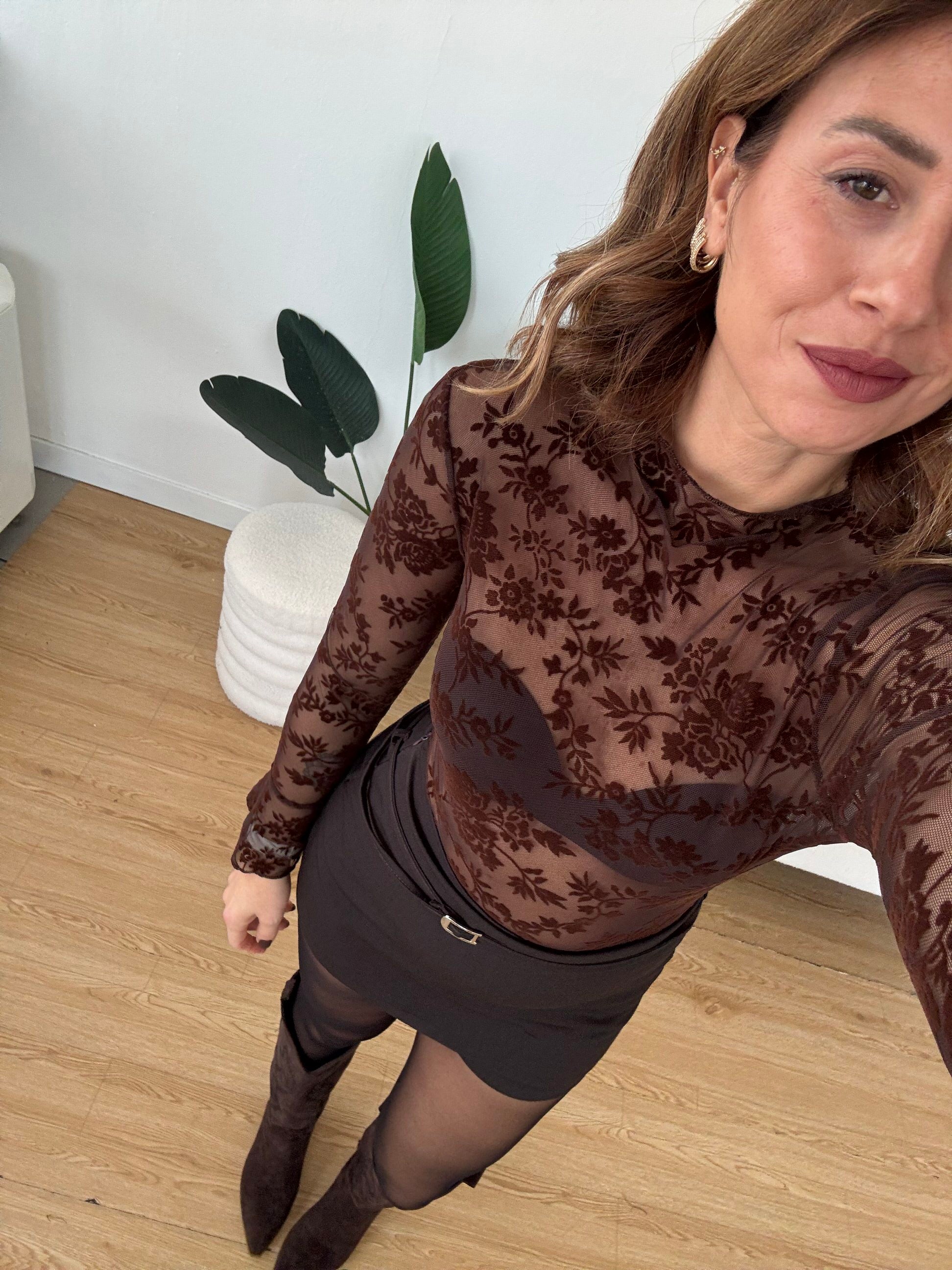 Body tulle con fiori in velluto