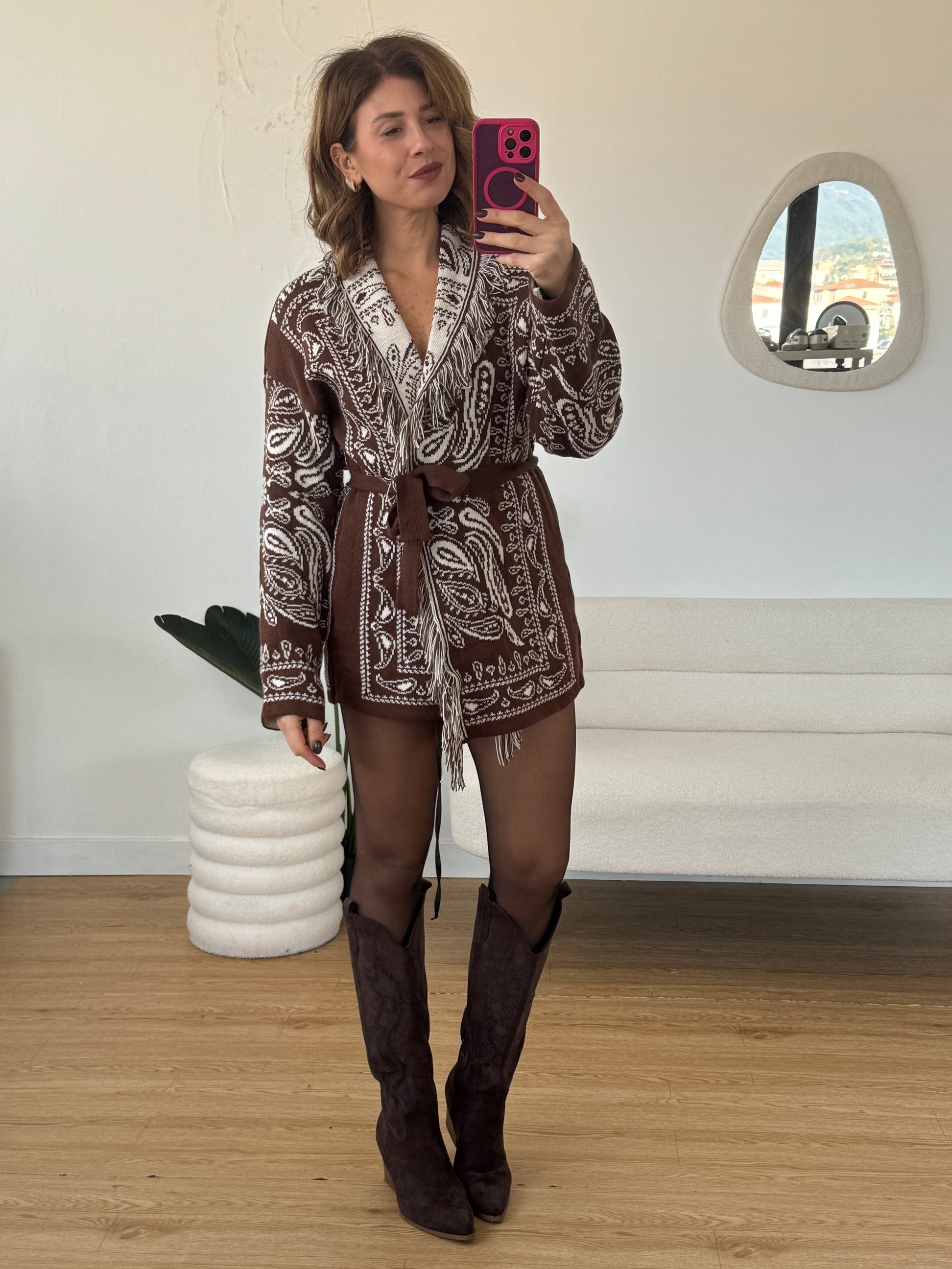 Cardigan con Frange e cintura marrone e bianco