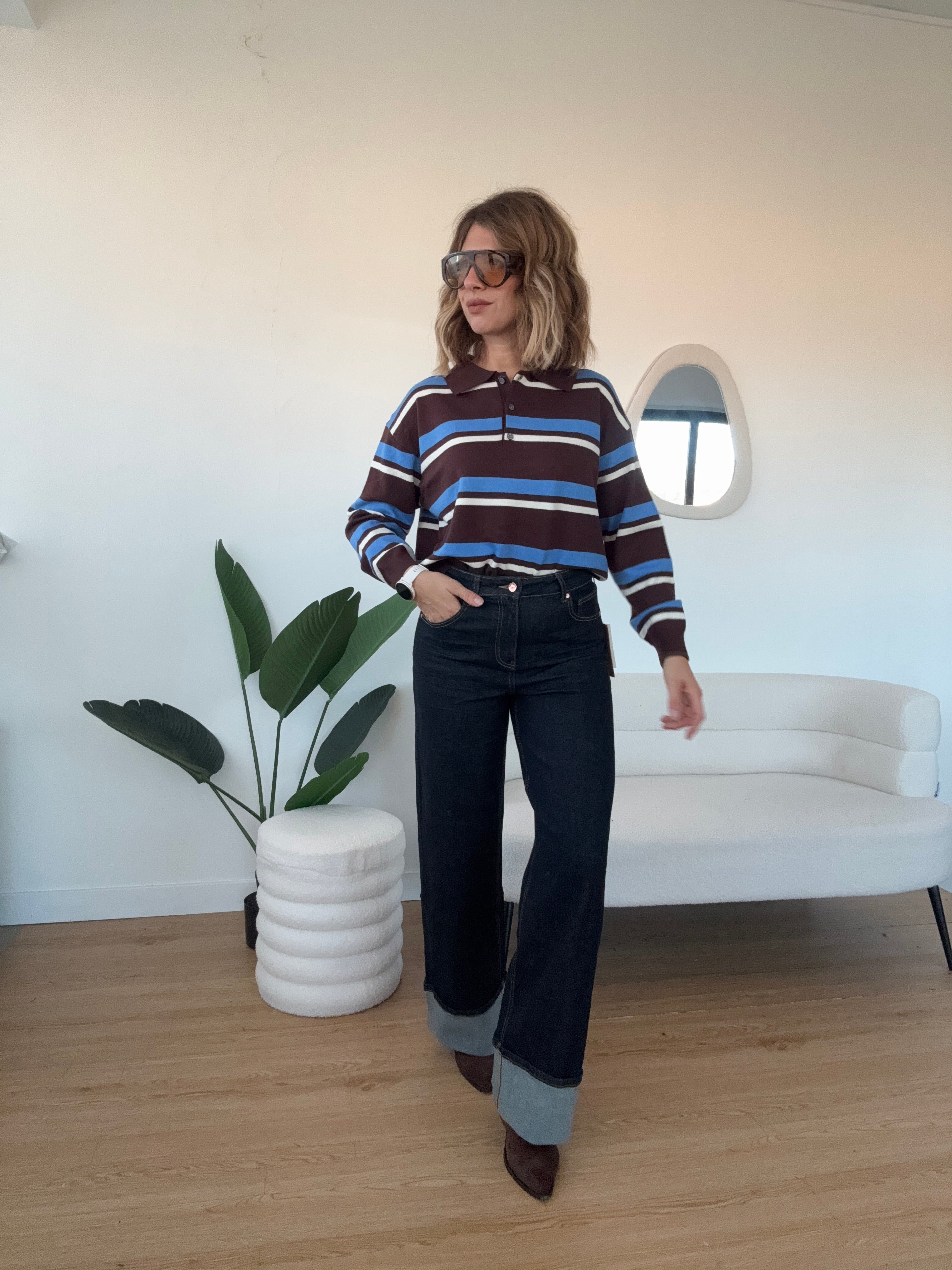 Maglioncino modello polo a righe marrone azzurro