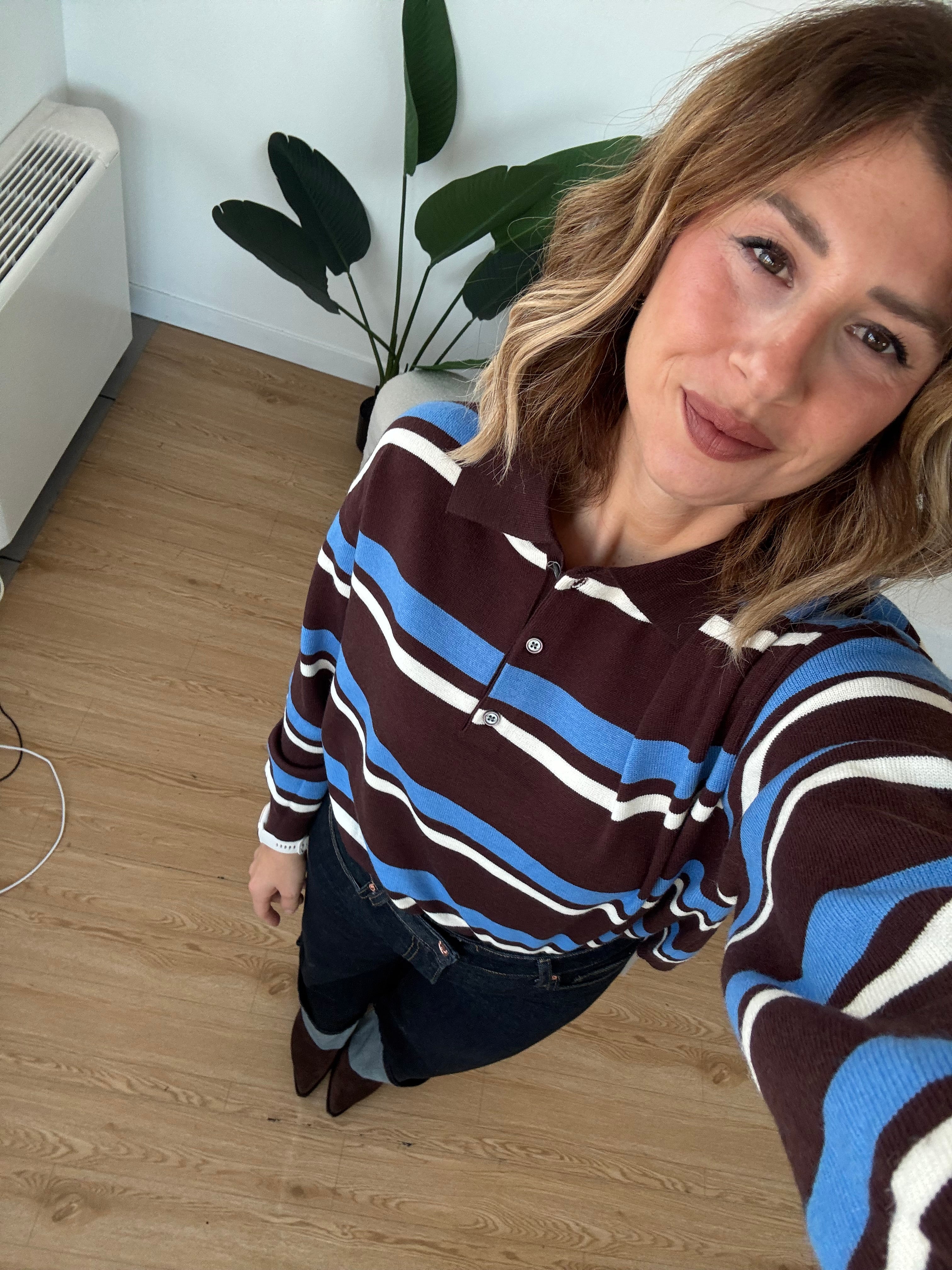 Maglioncino modello polo a righe marrone azzurro