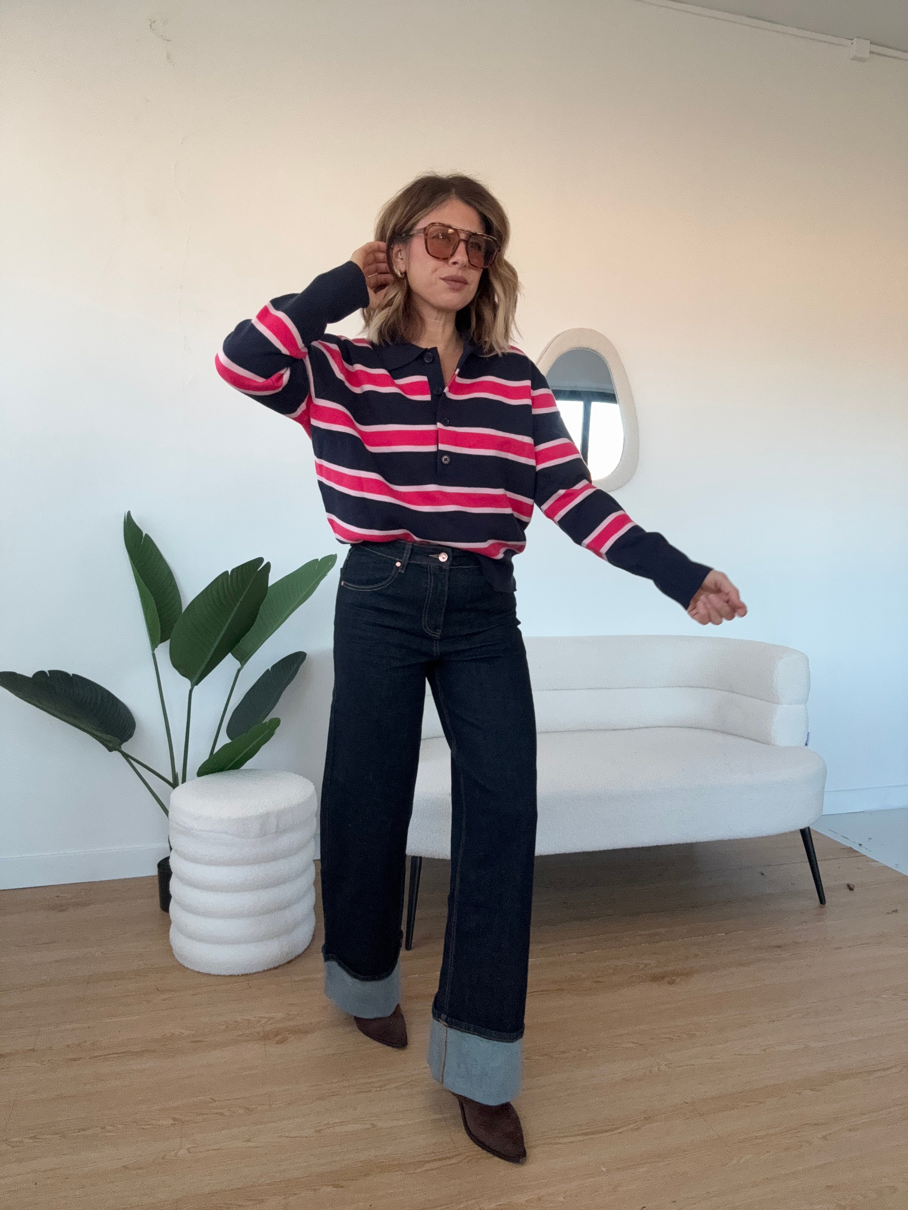 Maglioncino modello polo a righe blue rosa