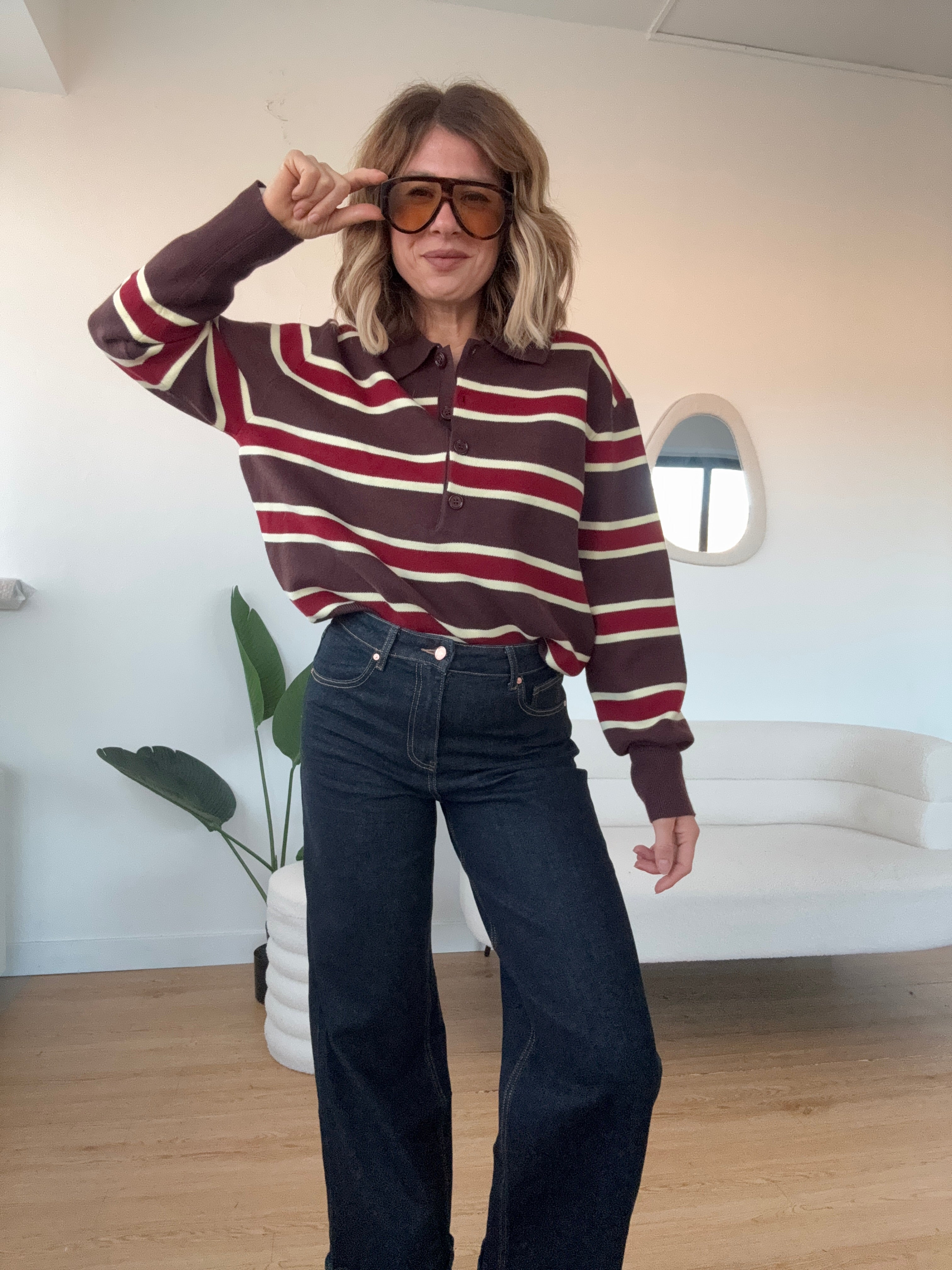 Maglioncino modello polo a righe marrone bordeaux