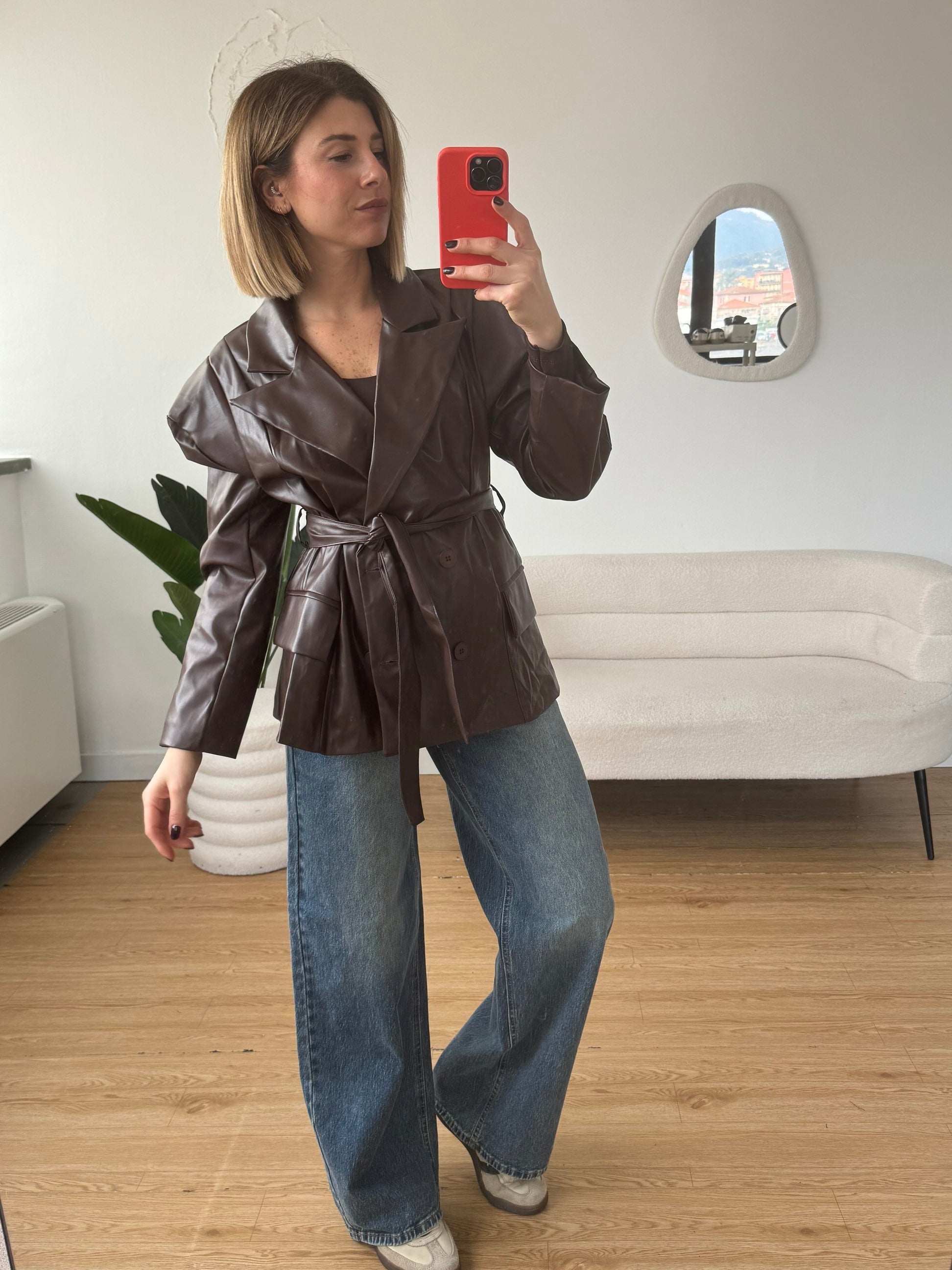 Giacca ecopelle doppio petto con spalline