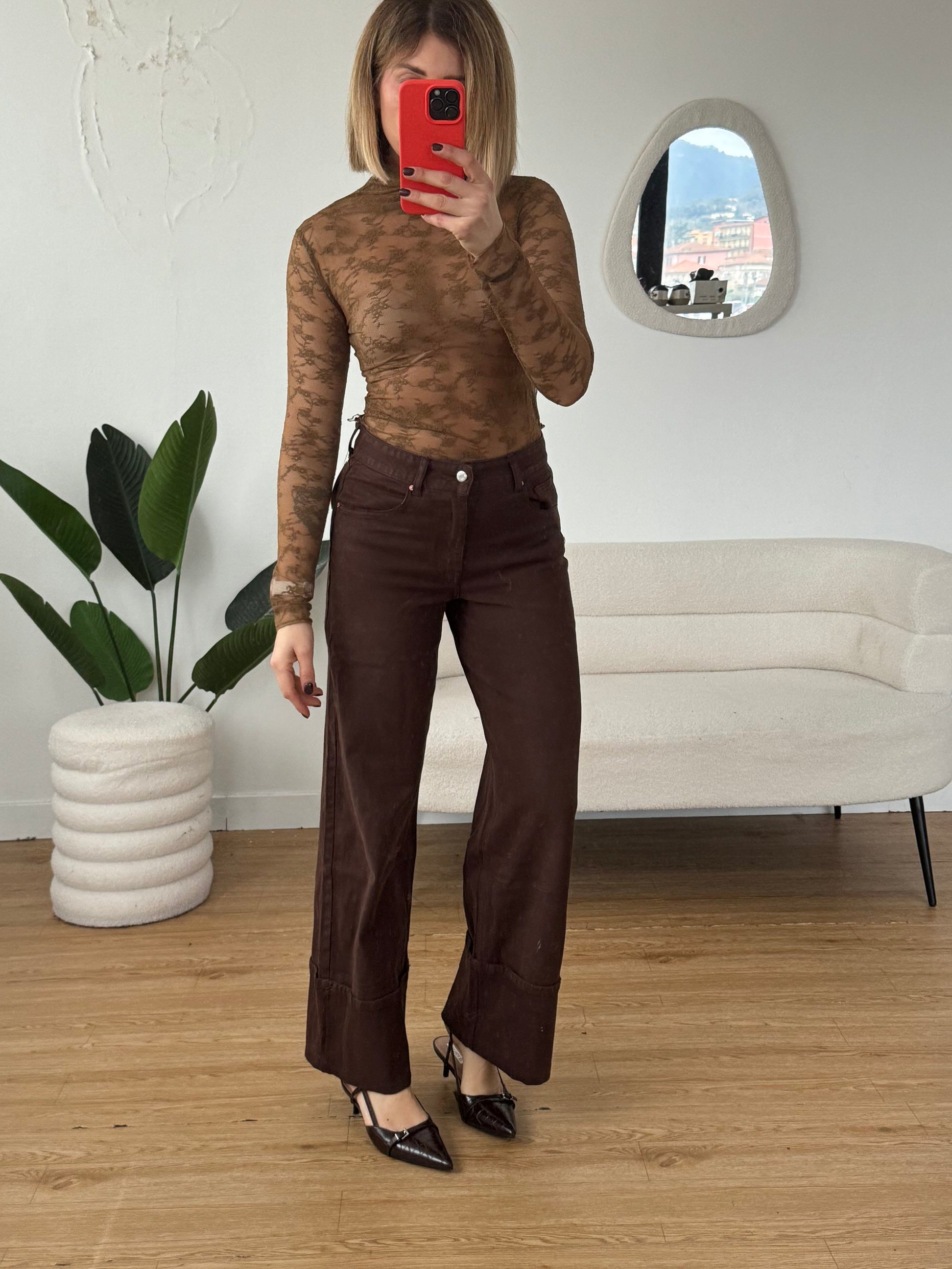 Jeans wide leg piegone marrone