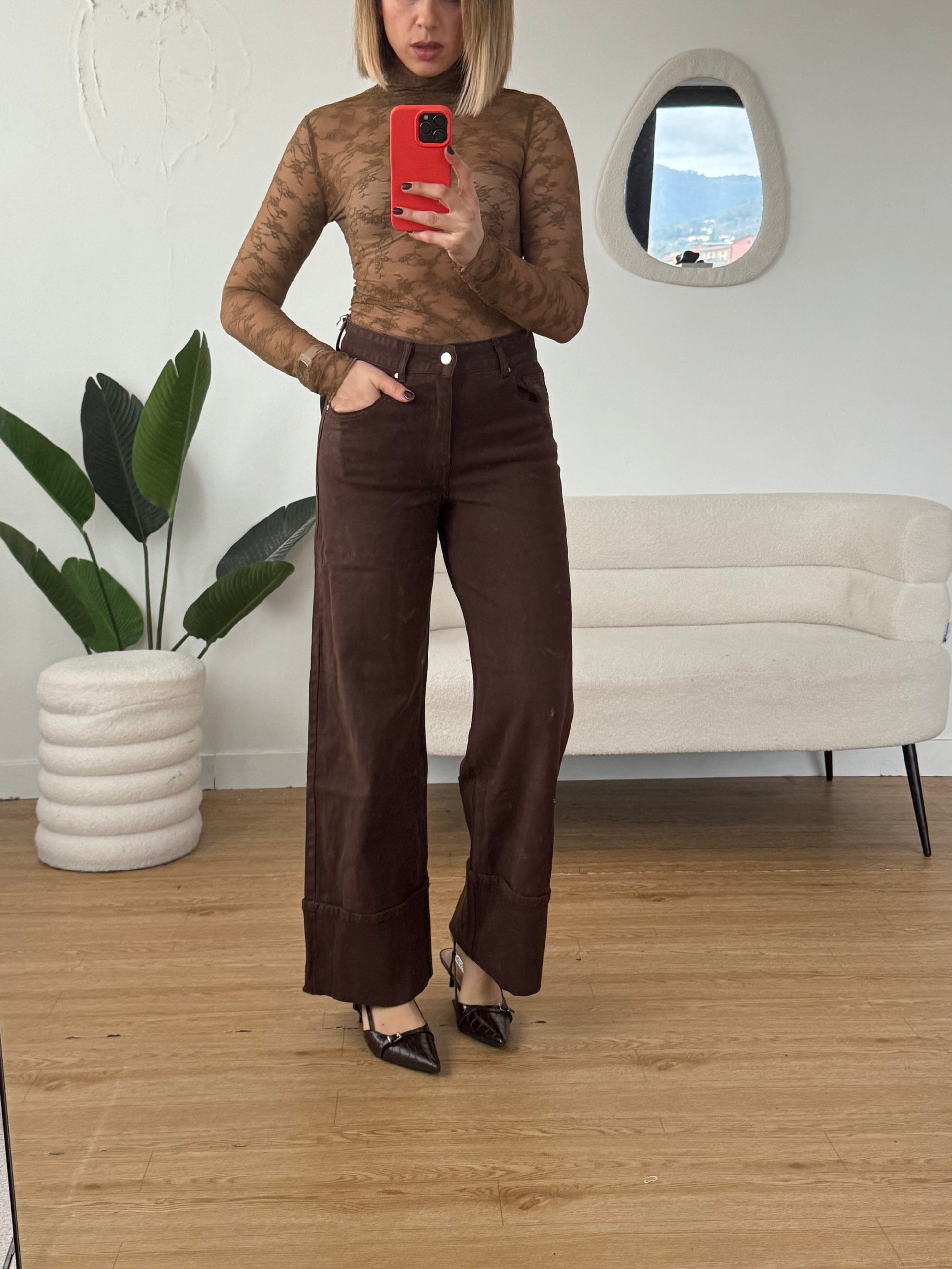 Jeans wide leg piegone marrone