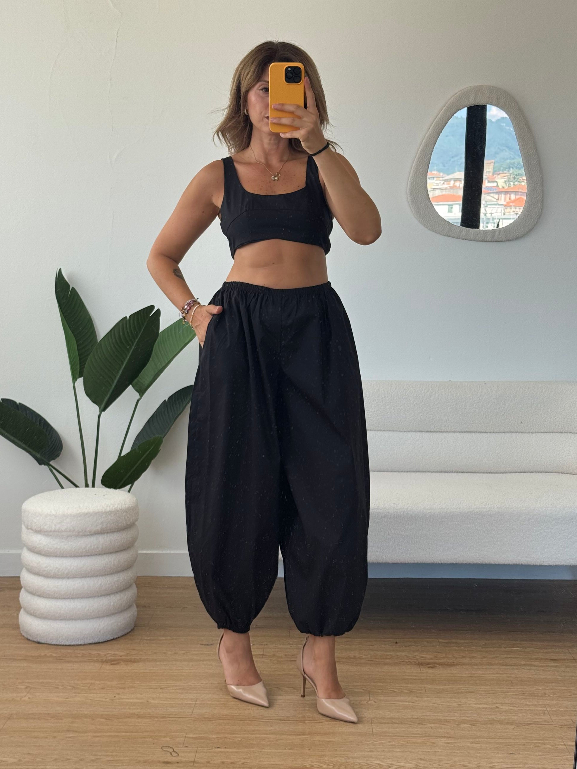 Completo pantaloni ballon vita alta