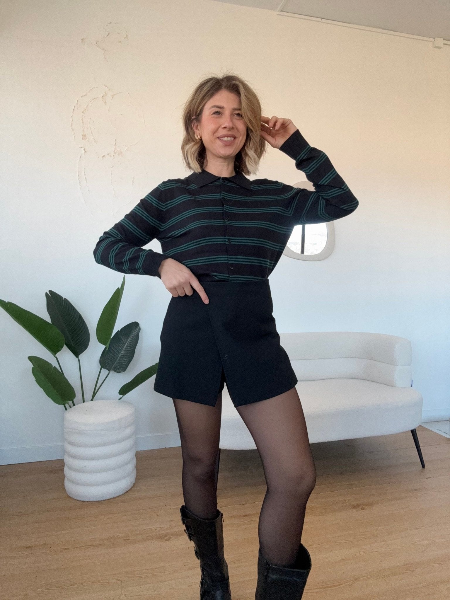 Polo cardgian in maglia riga piccola nera e verde - G.Glamour