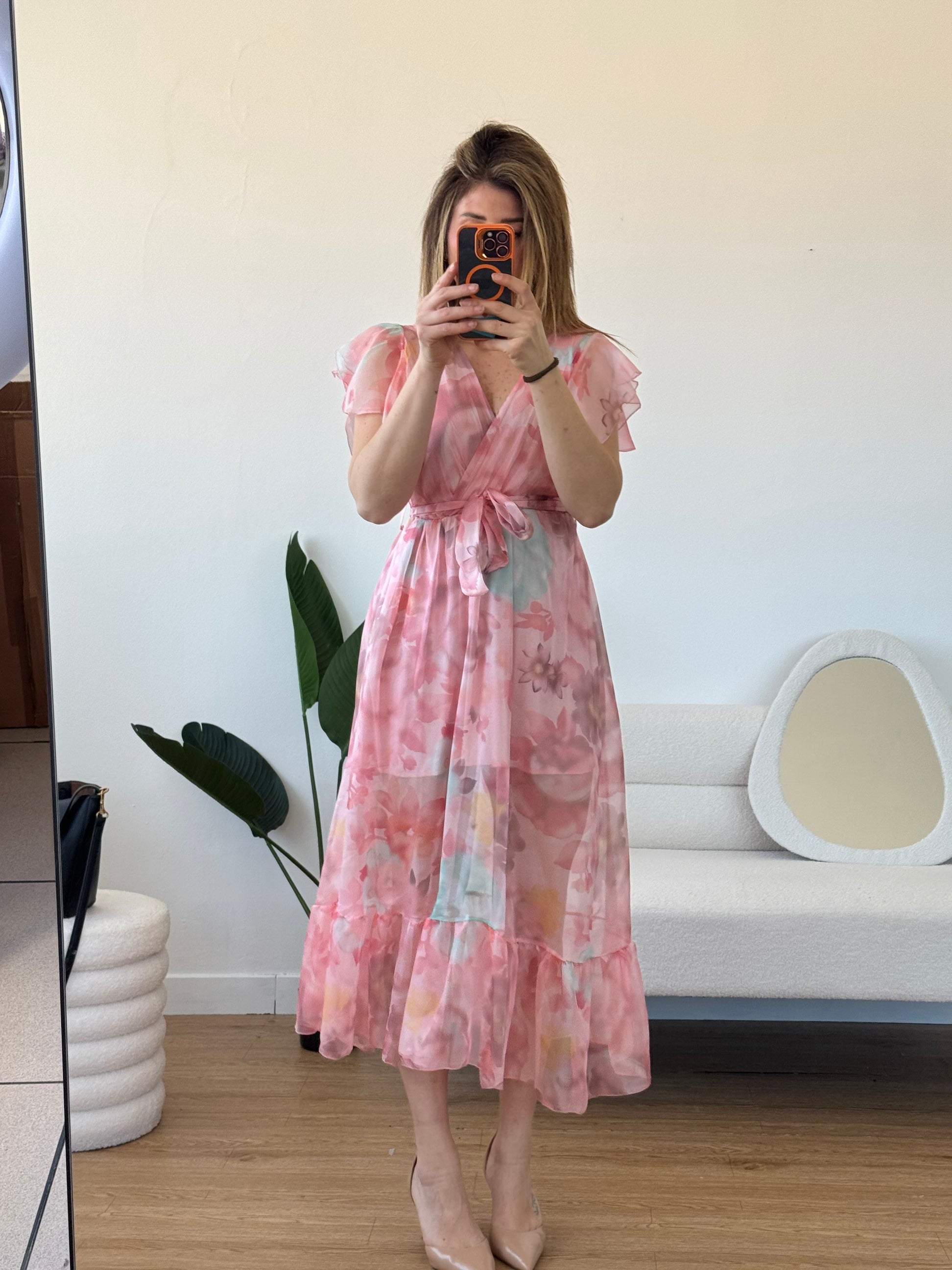 Abito lungo a fiori mezza manica volant