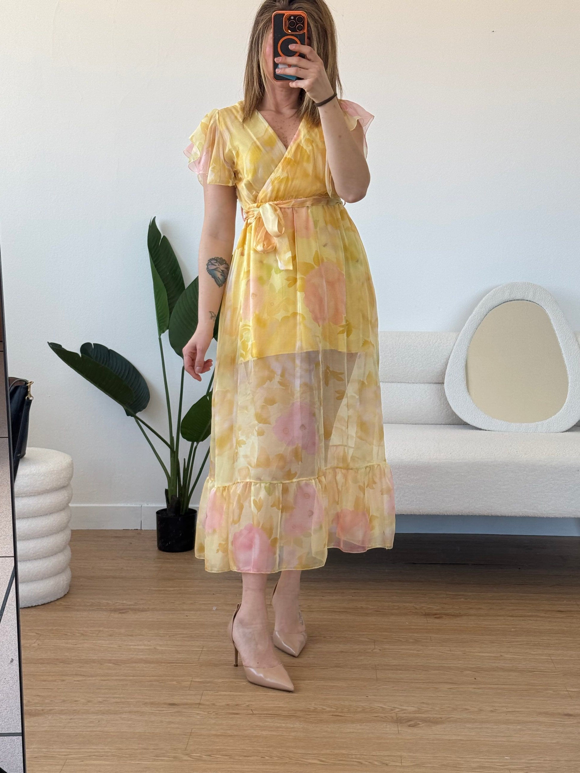 Abito lungo a fiori mezza manica volant