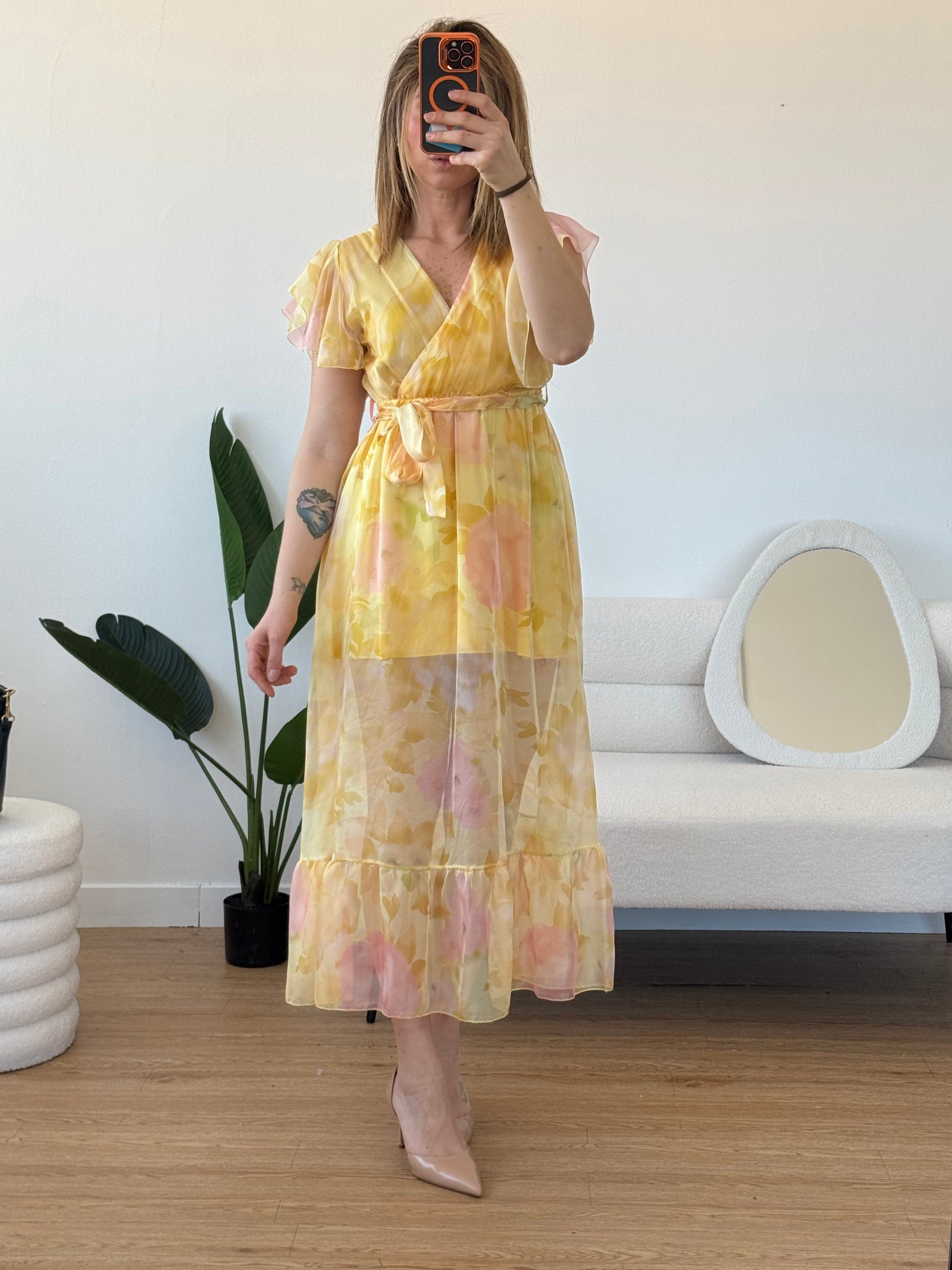 Abito lungo a fiori mezza manica volant