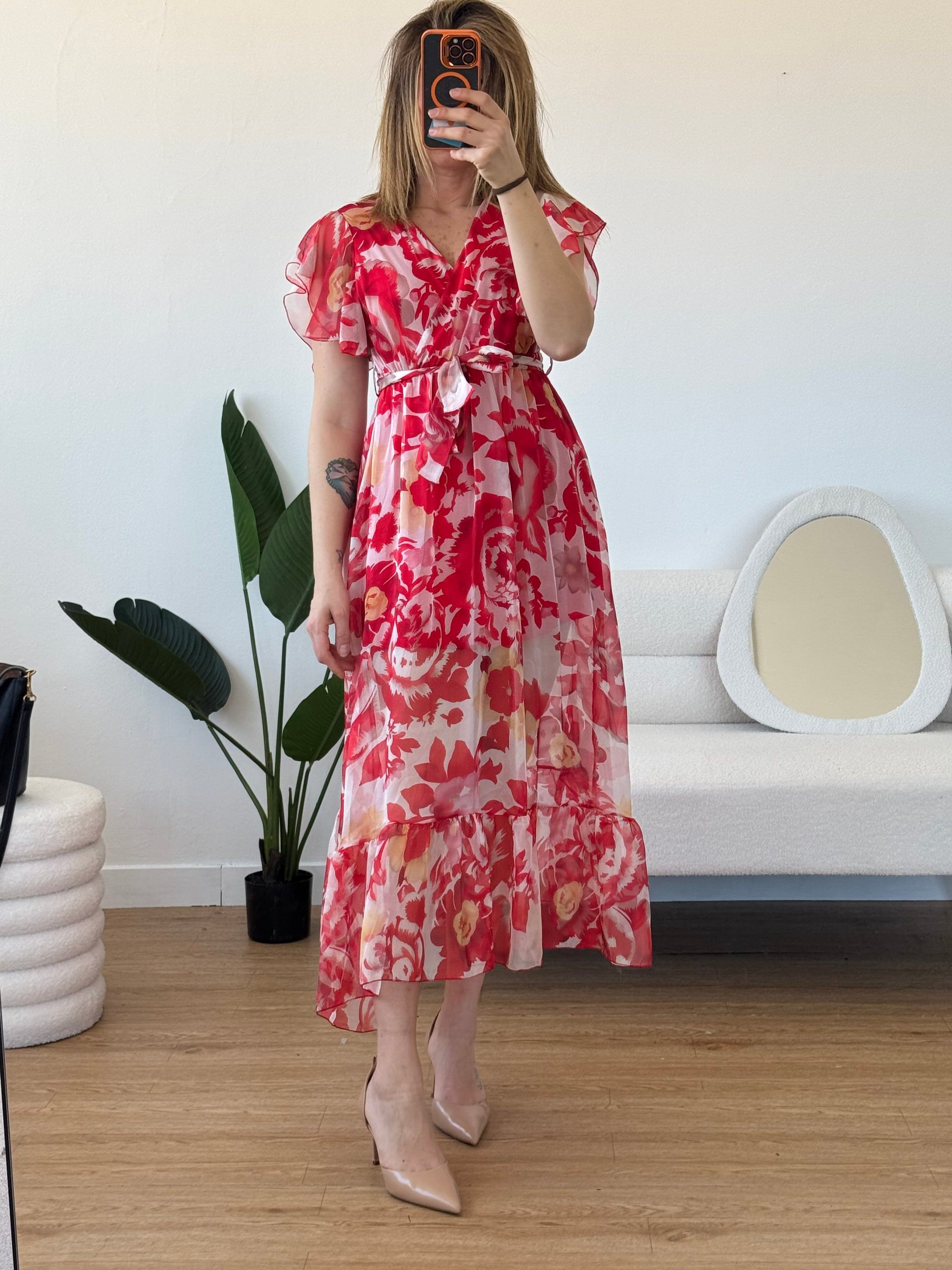 Abito lungo a fiori mezza manica volant