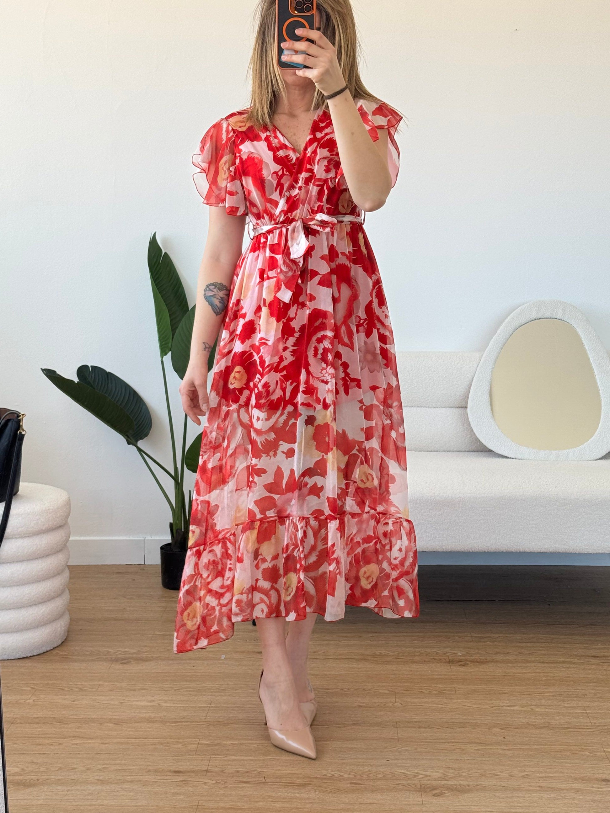 Abito lungo a fiori mezza manica volant