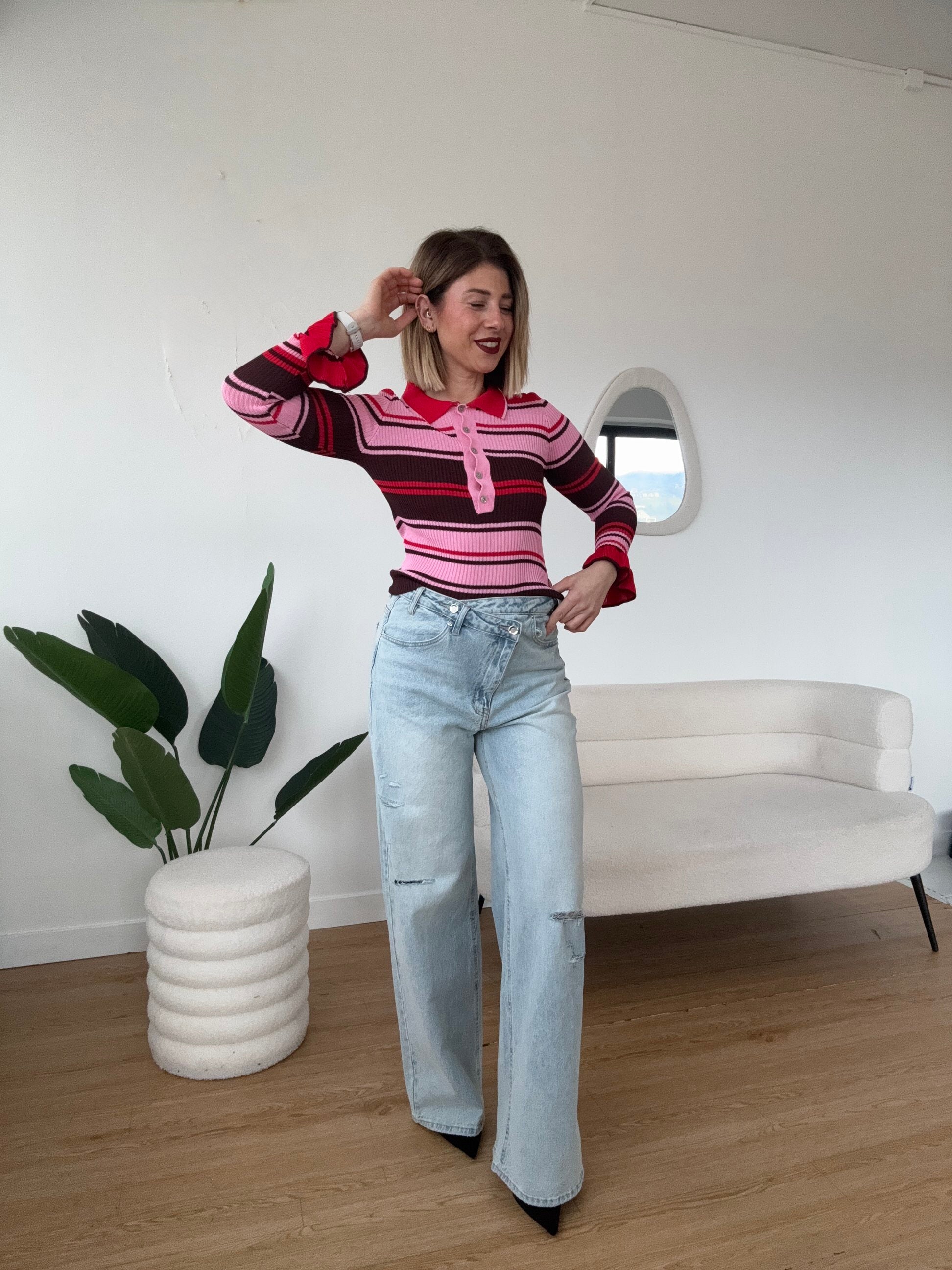 Polo a righe di filo colletto a contrasto