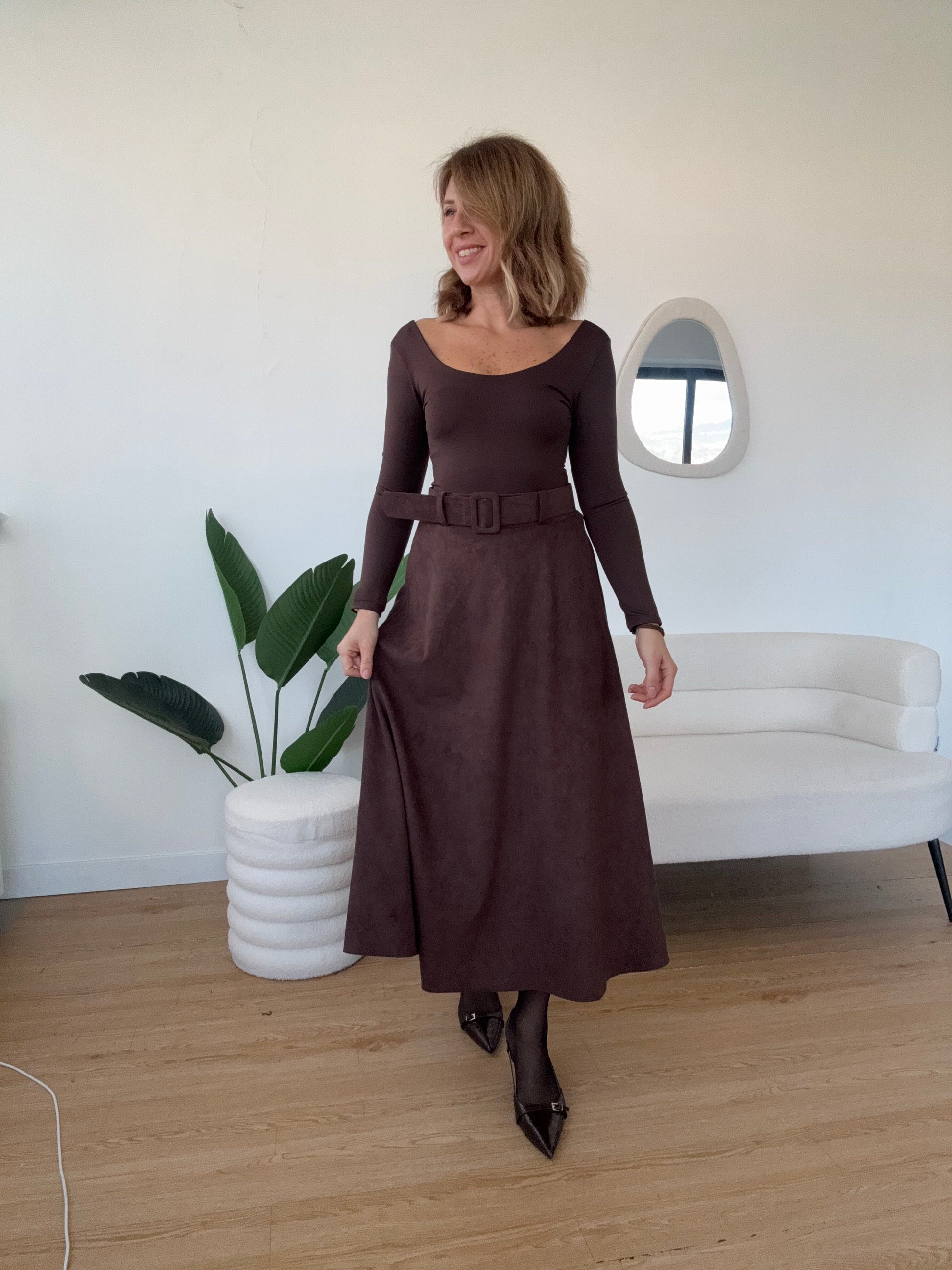 Gonna longuette scamosciata con cintura