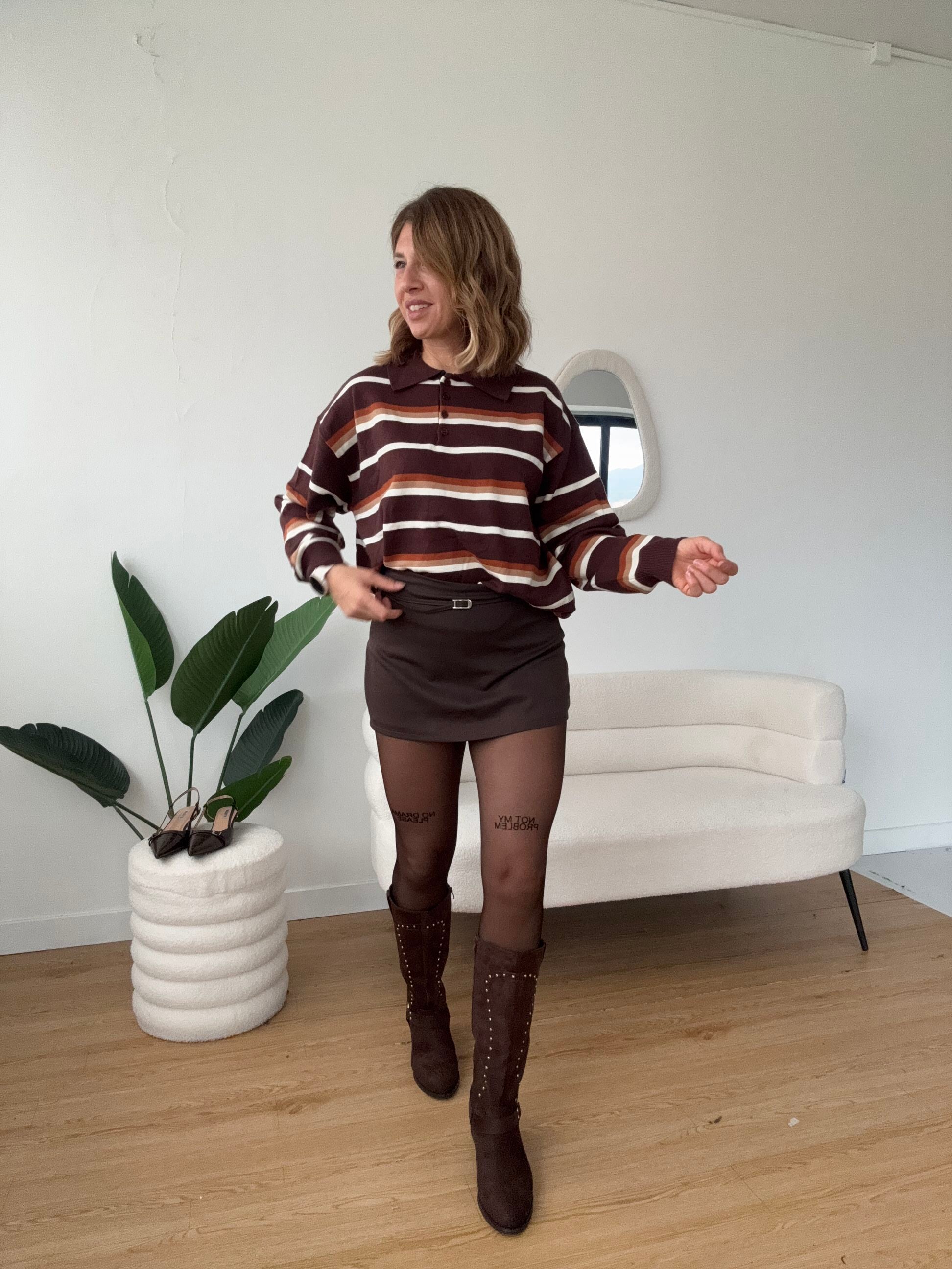 Maglioncino polo righe piccole marrone arancione