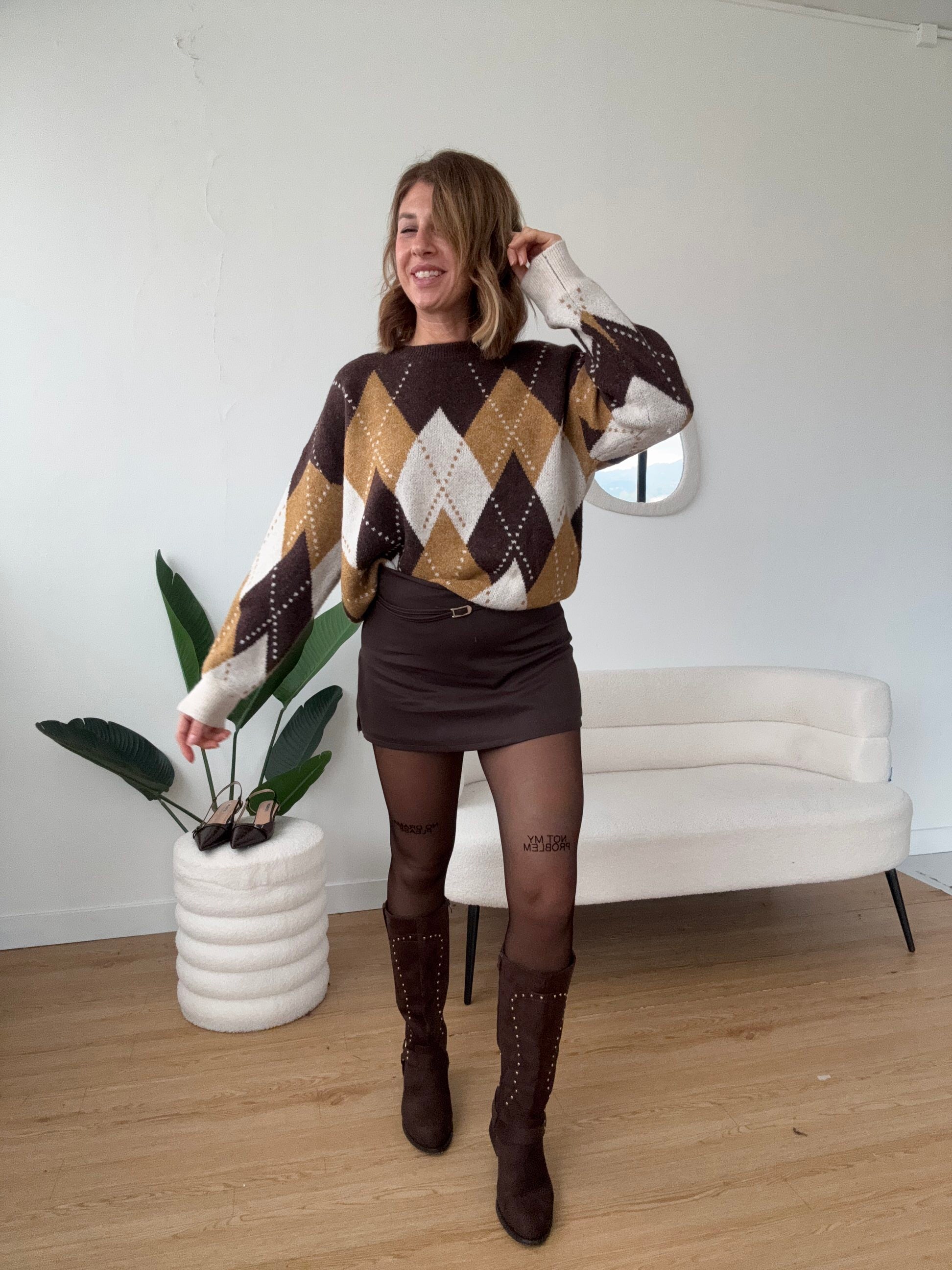 Maglioncino stampa rombi marrone e senape