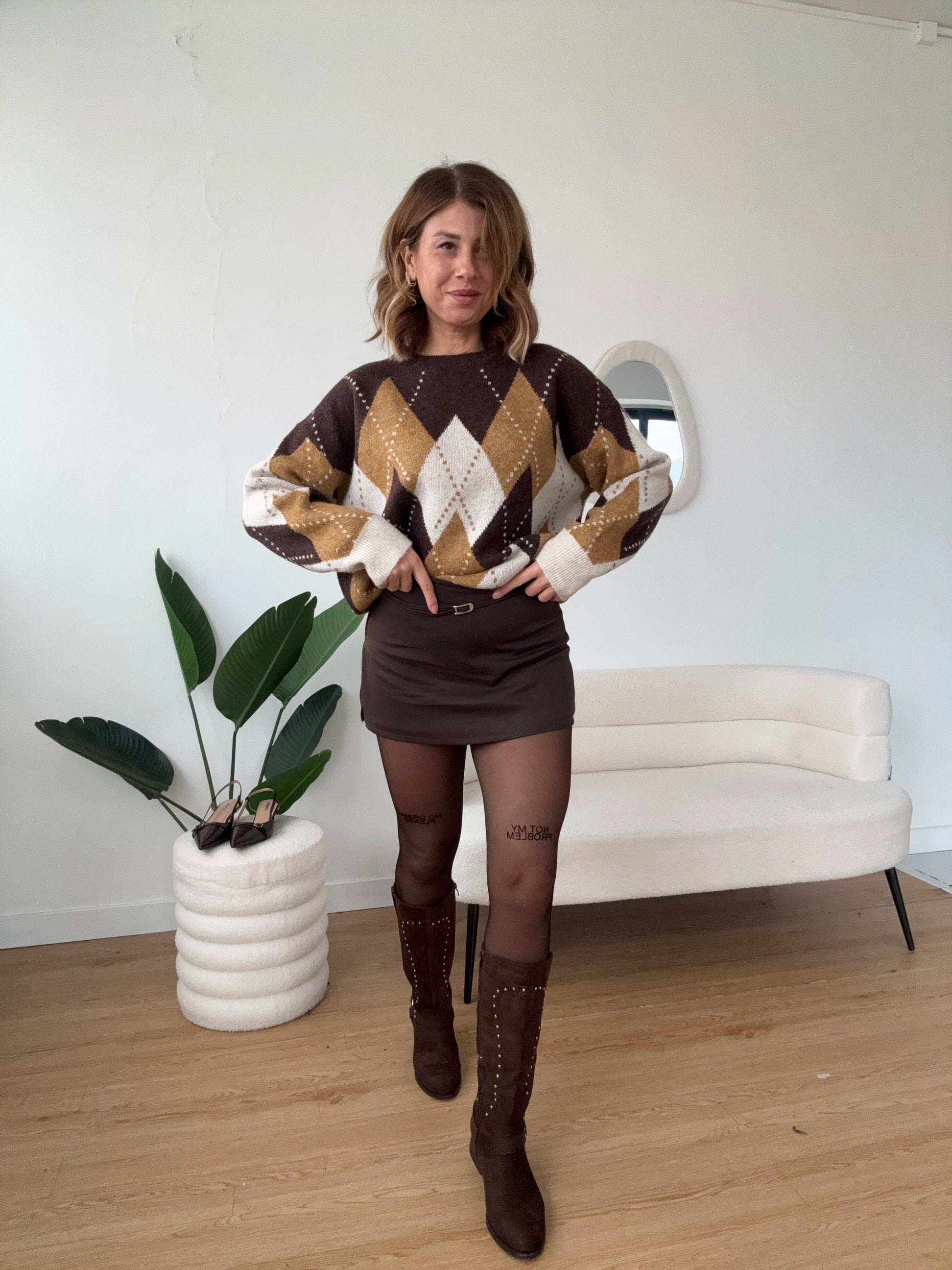 Maglioncino stampa rombi marrone e senape
