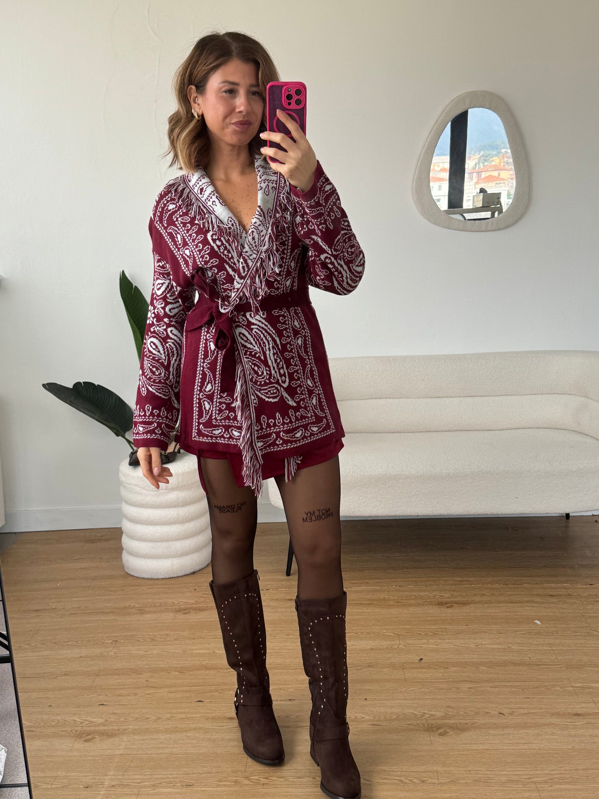 Cardigan frange stampa cachemire bordeaux