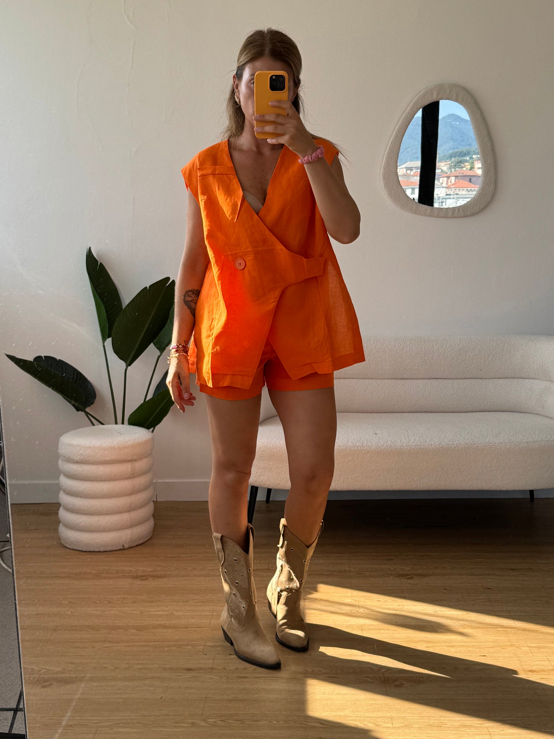 Completo in cotone shorts e maxi gilet