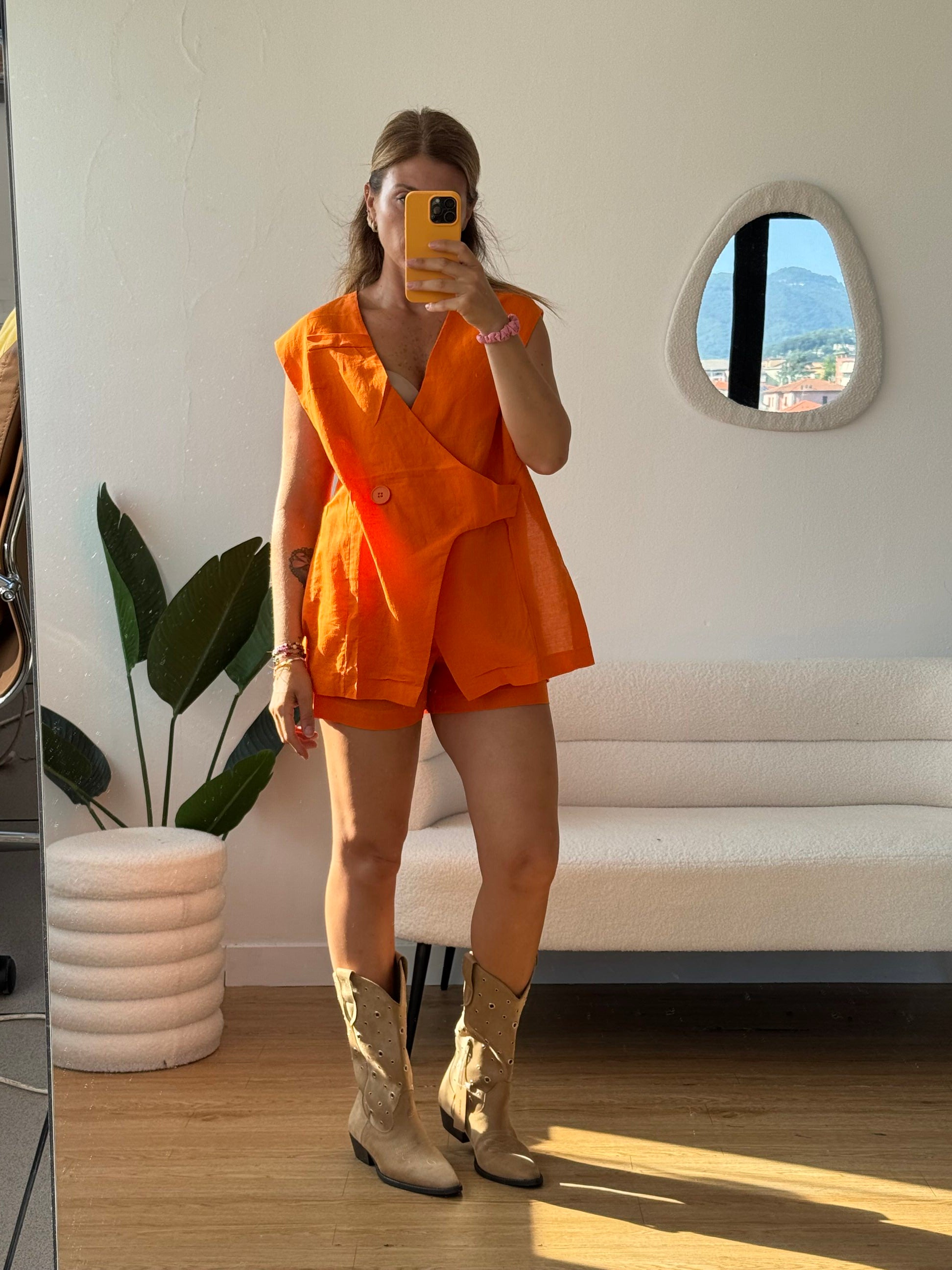 Completo in cotone shorts e maxi gilet