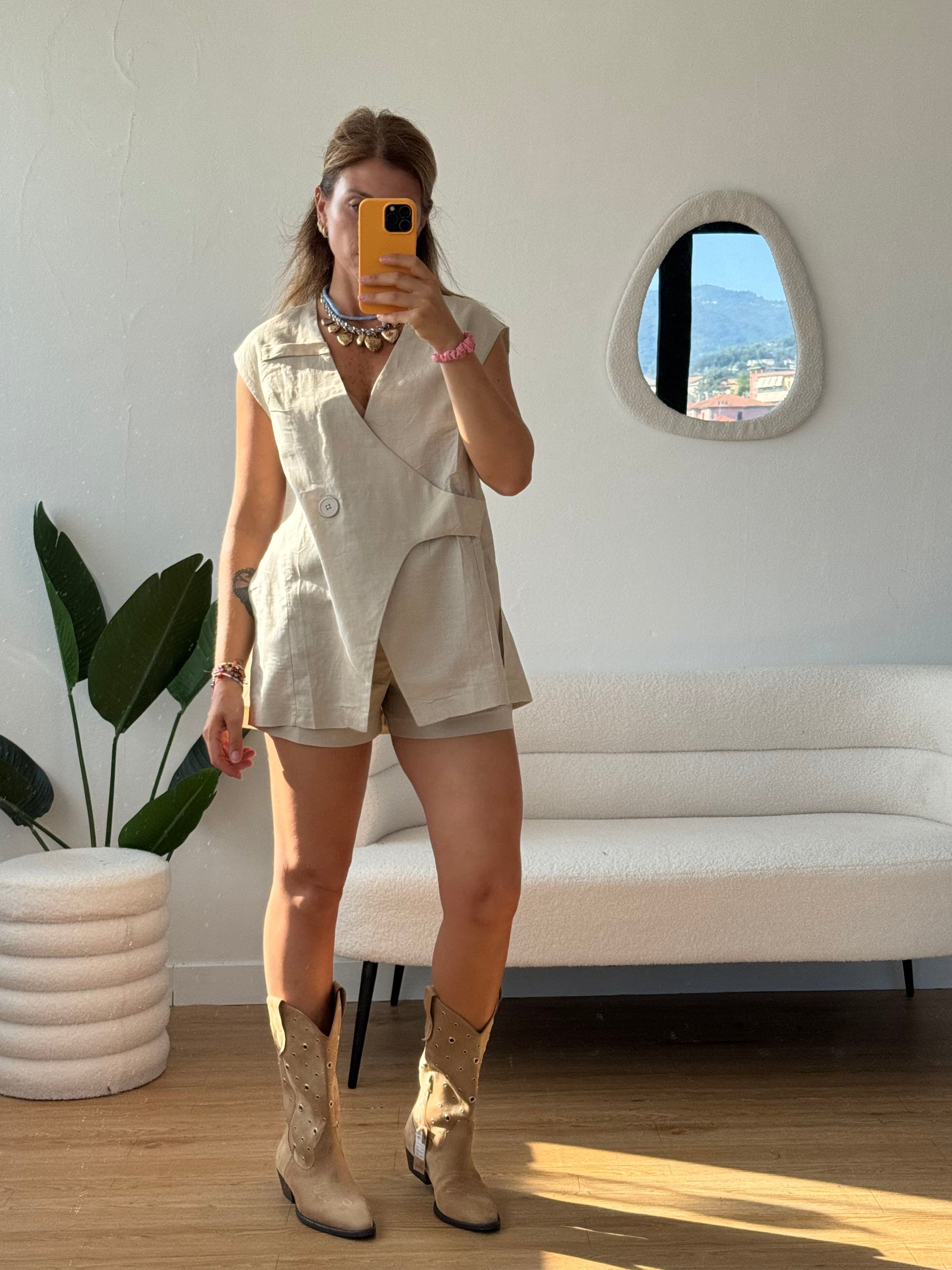 Completo in cotone shorts e maxi gilet