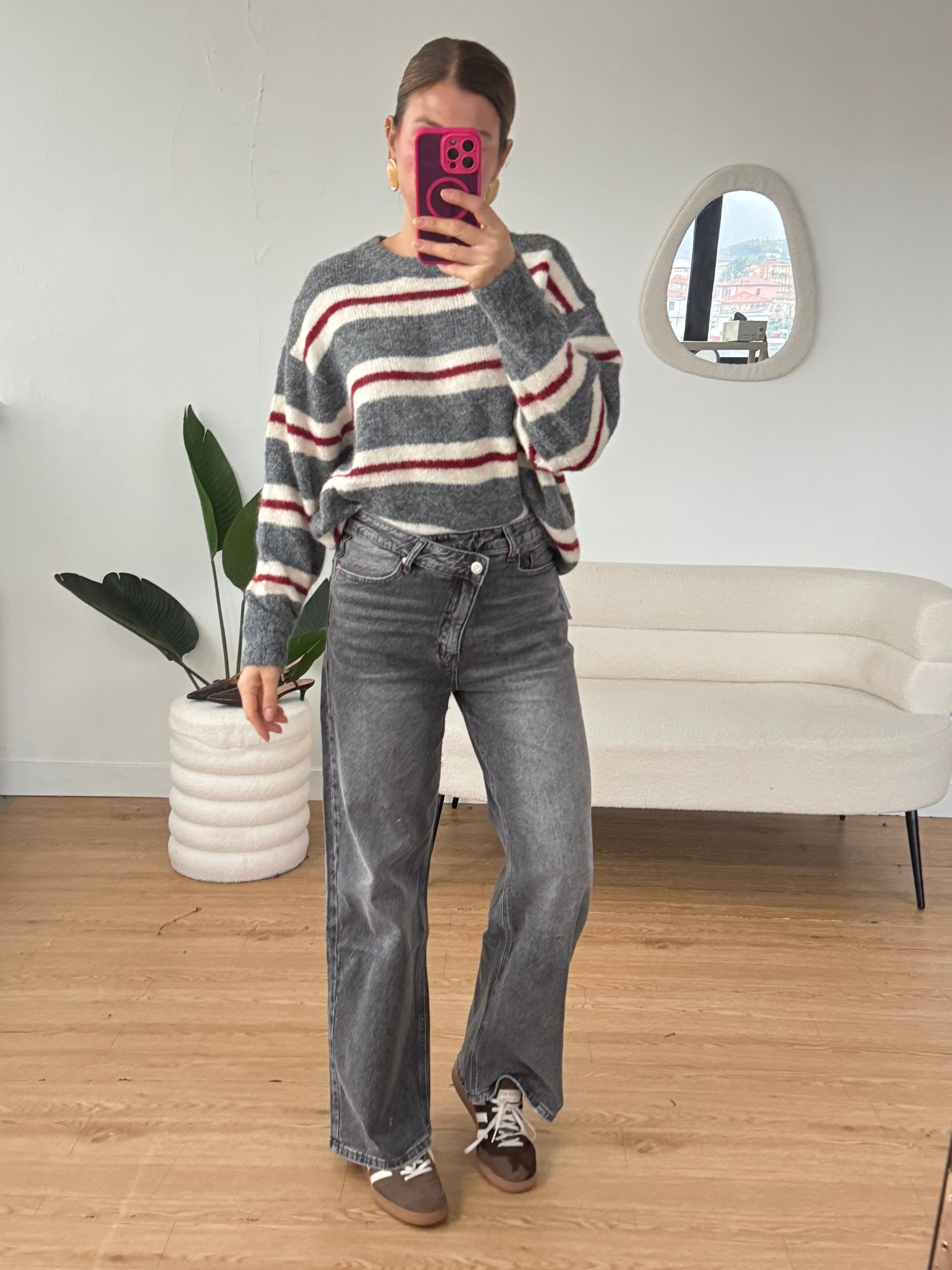 Maxi maglione a righe grigio