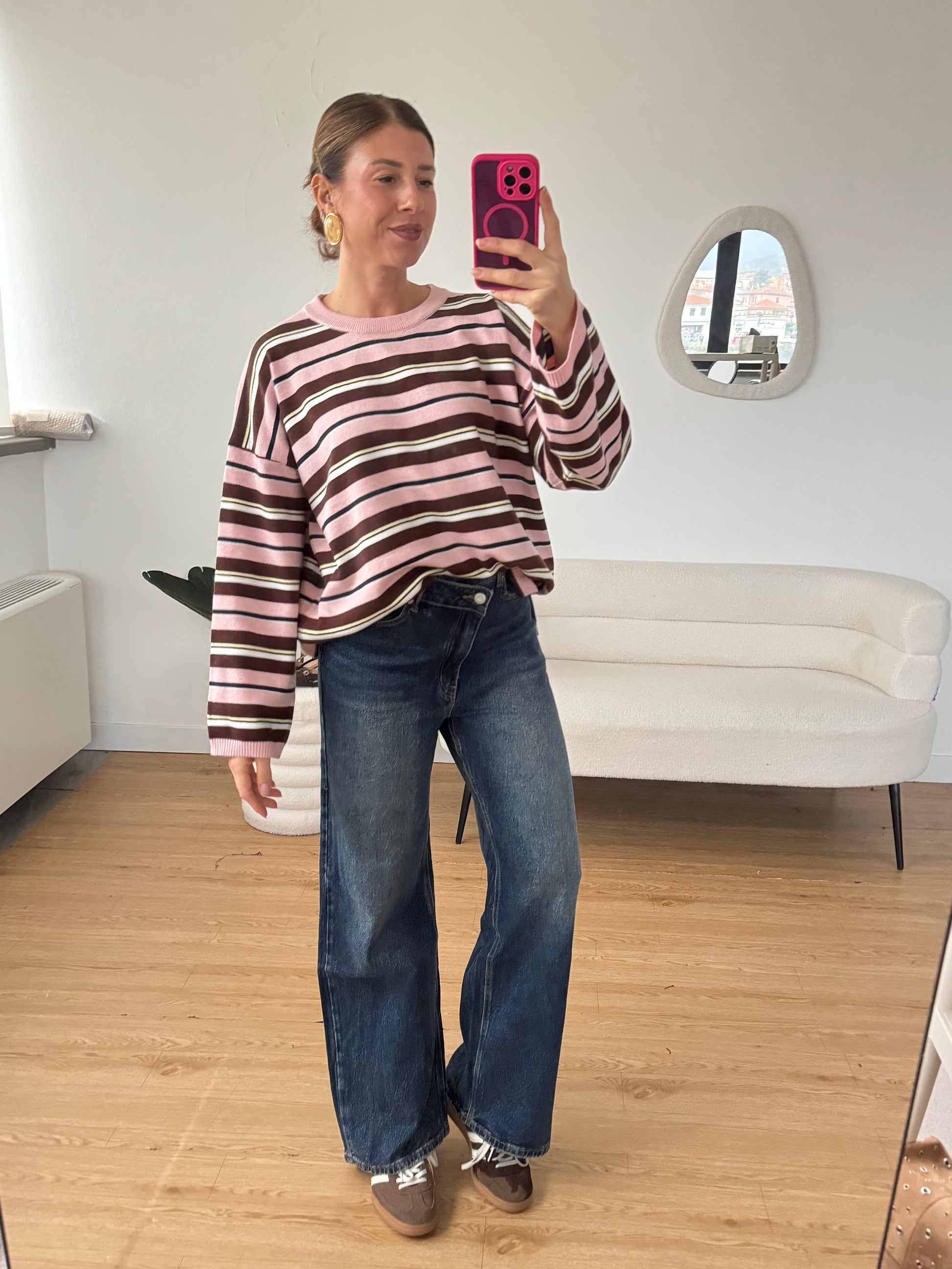 Maglione a righe rosa scollo tondo