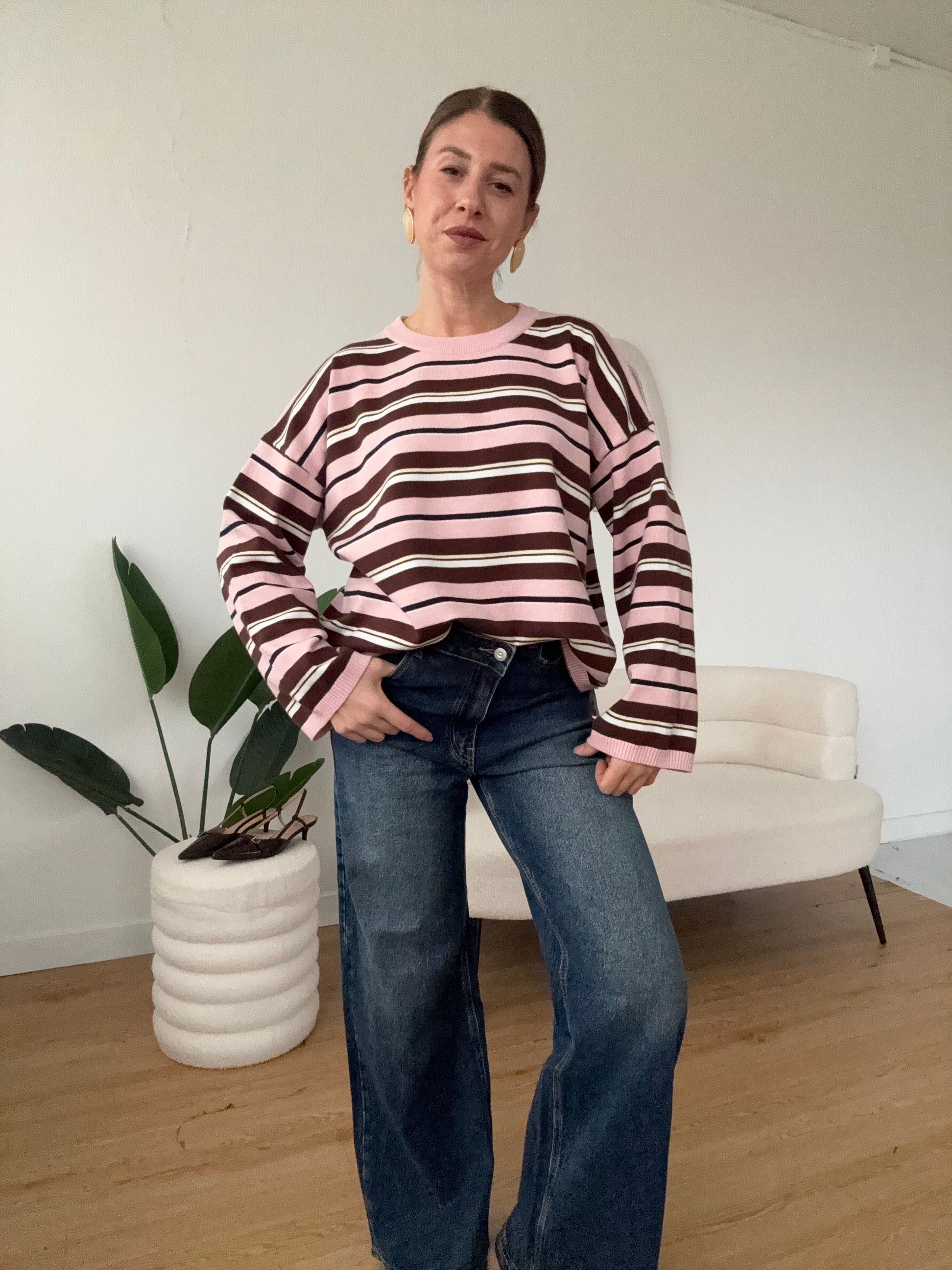 Maglione a righe rosa scollo tondo