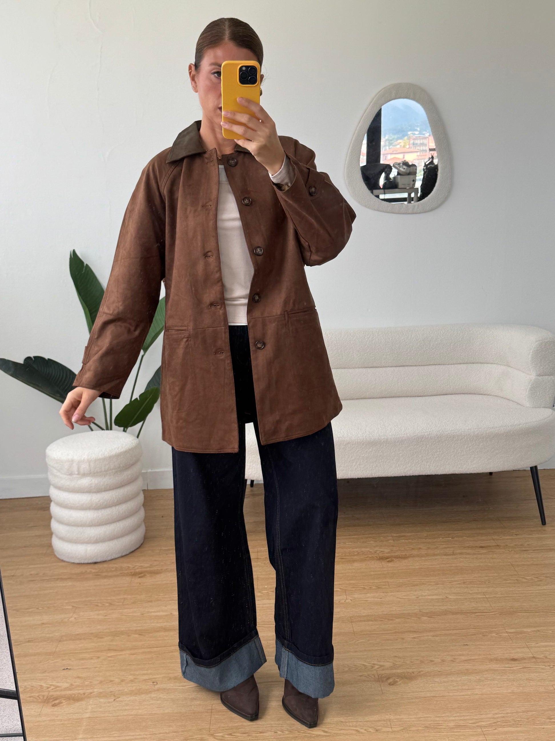 Trench suede oversize colletto a contrasto
