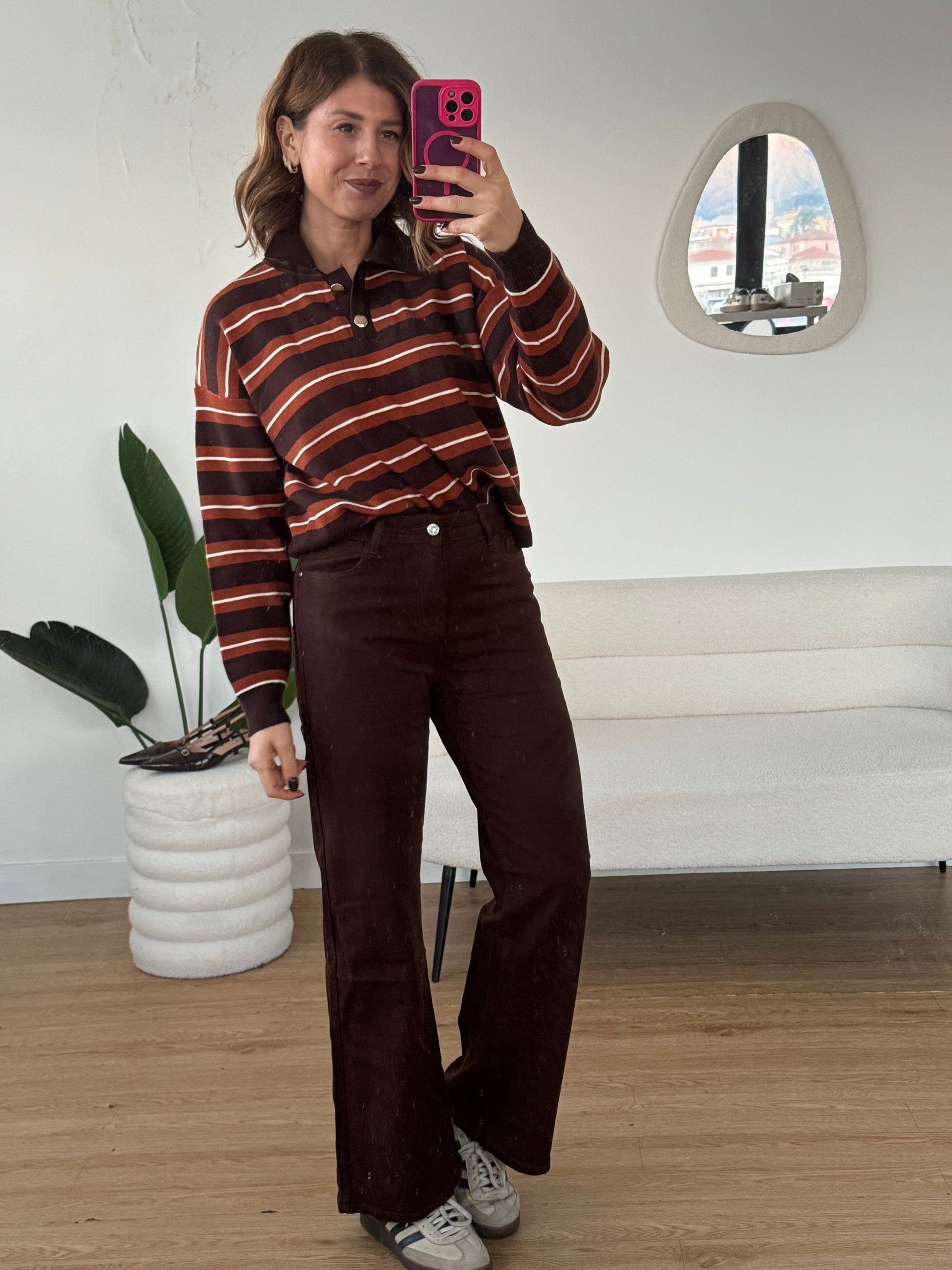 Maglioncino polo a righe mix marrone e arancione bottoni oro