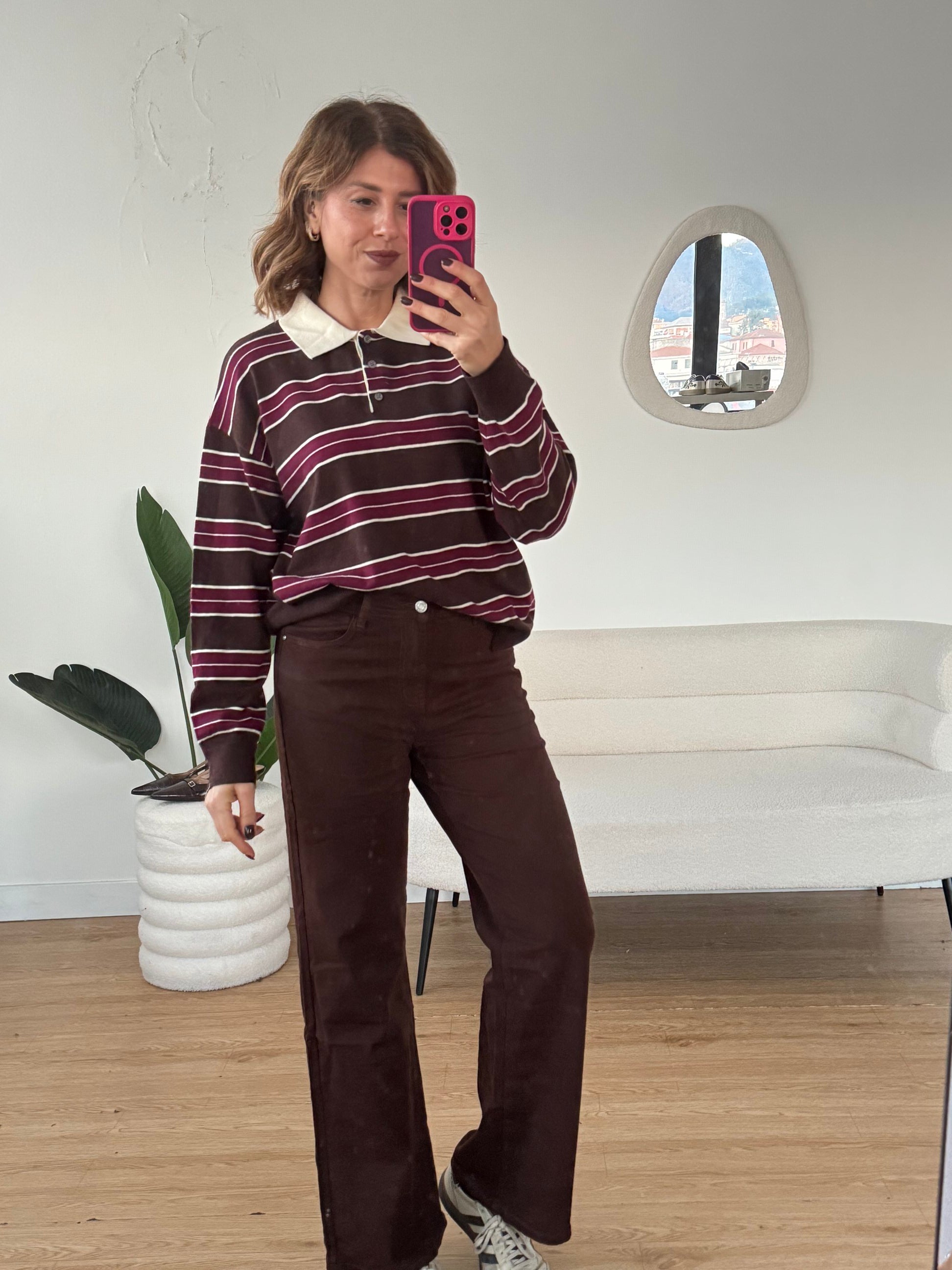 Maglioncino polo a a righe mix marrone e bordeaux