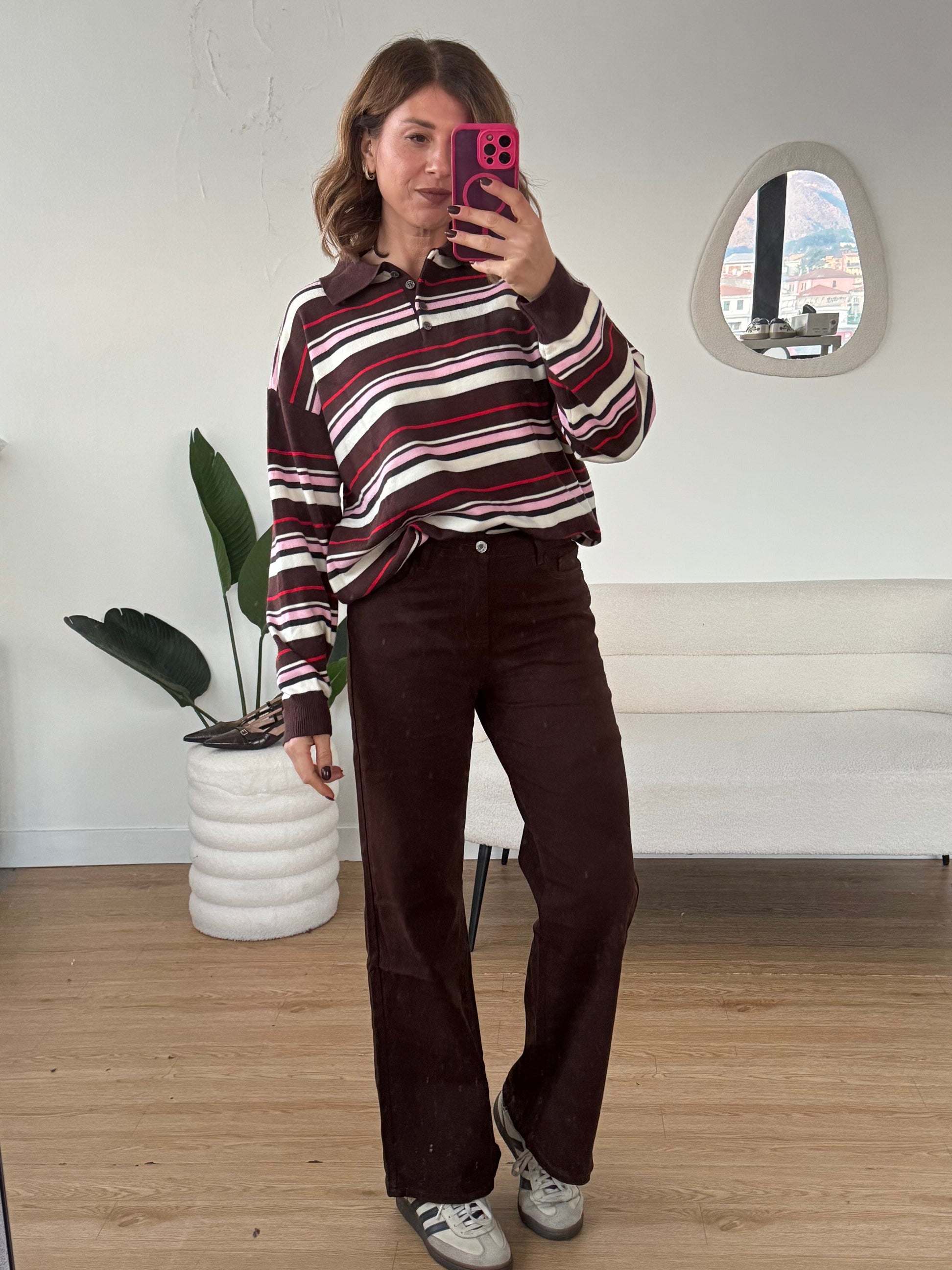 maglioncino polo a righe mix marrone rosa e rosso