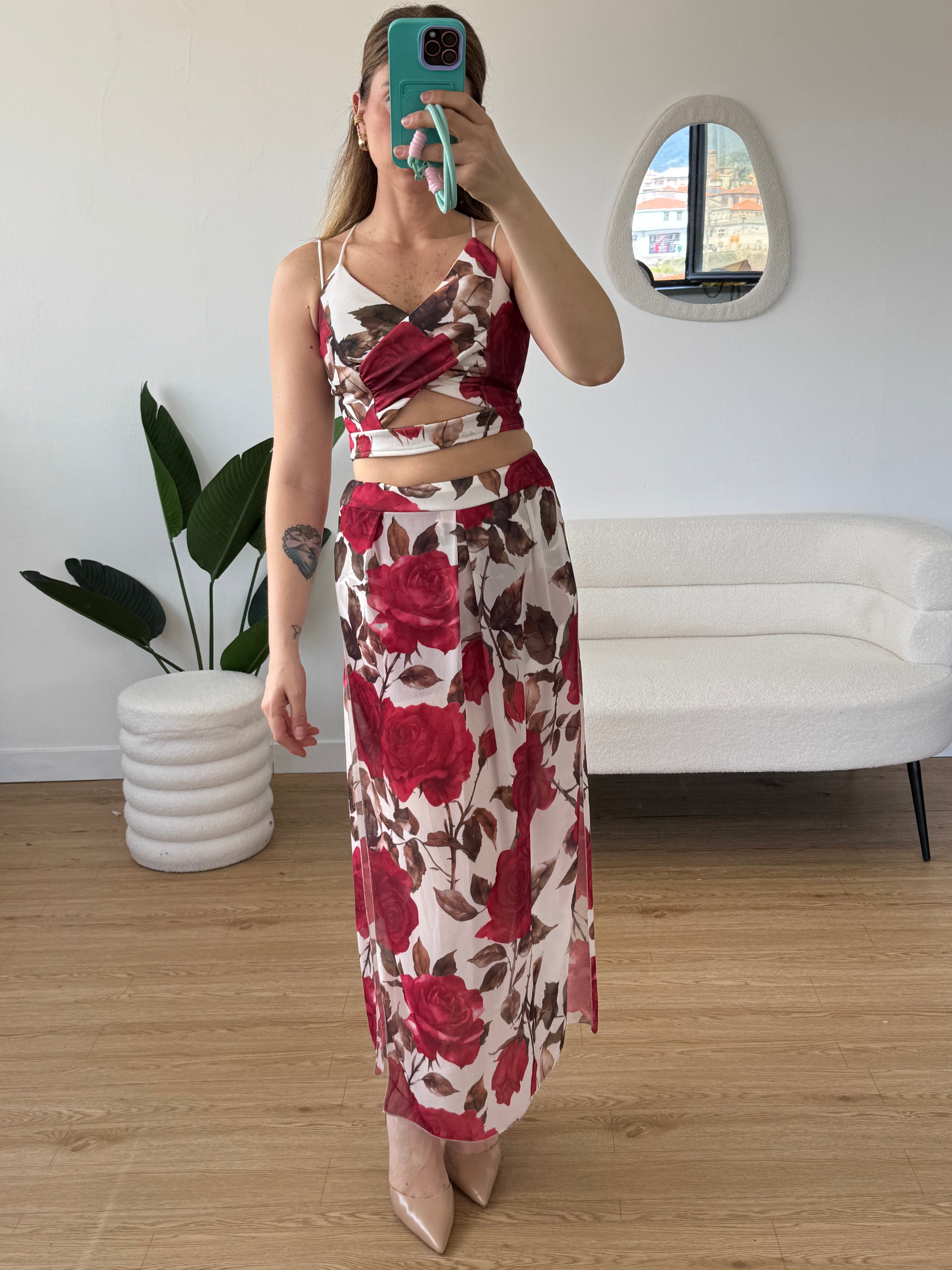 Completo top gonna con shorts a fiori