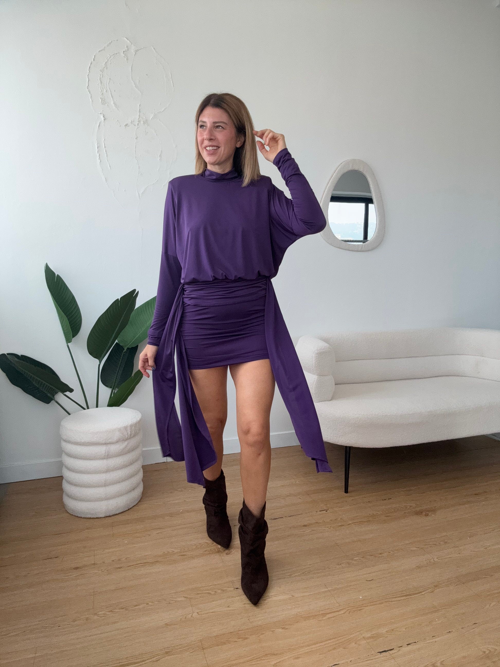 LUMINA- Abito collo alto con spalline gonna arricciata