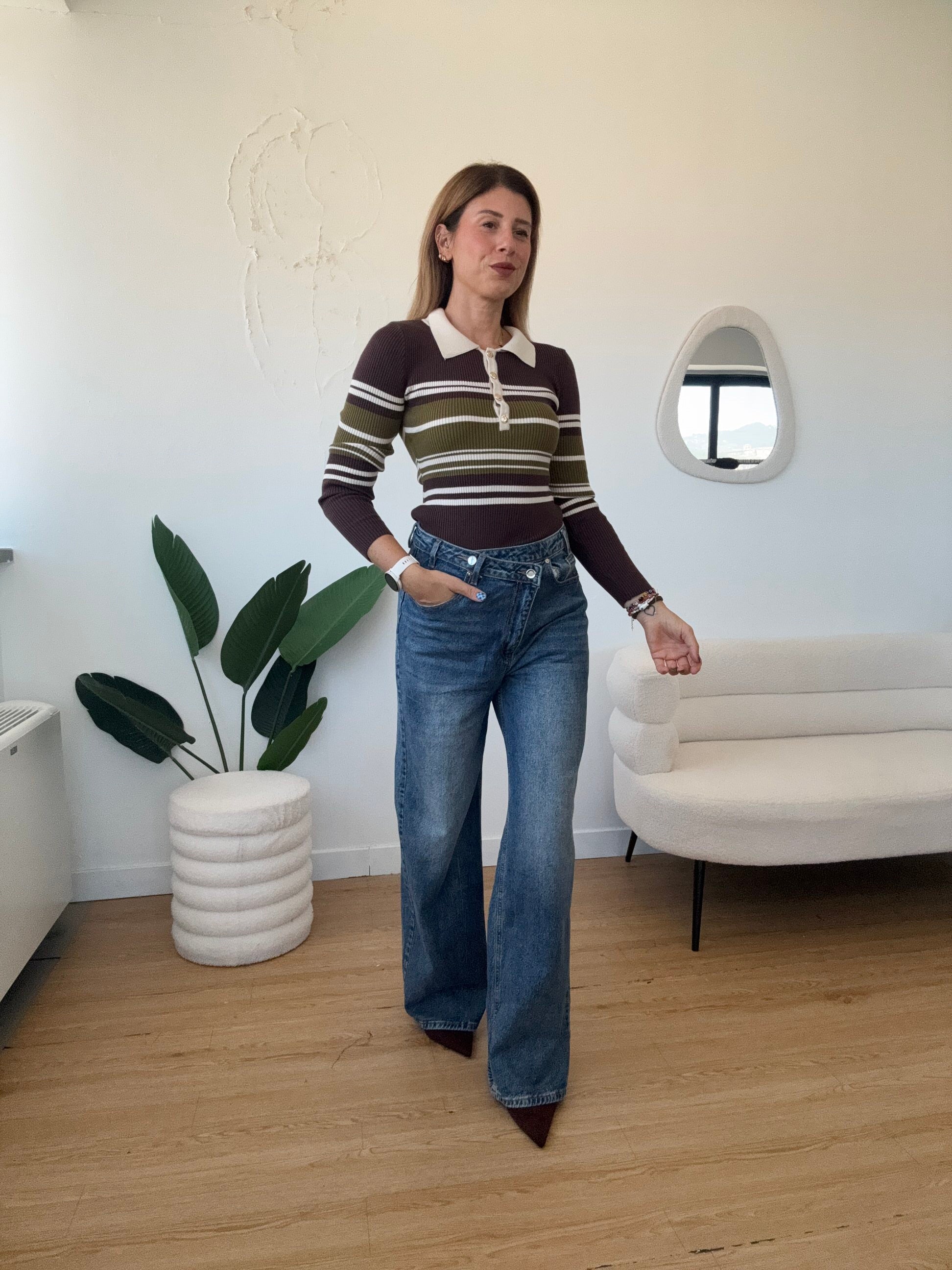 Body a righe a costine con bottoni oro