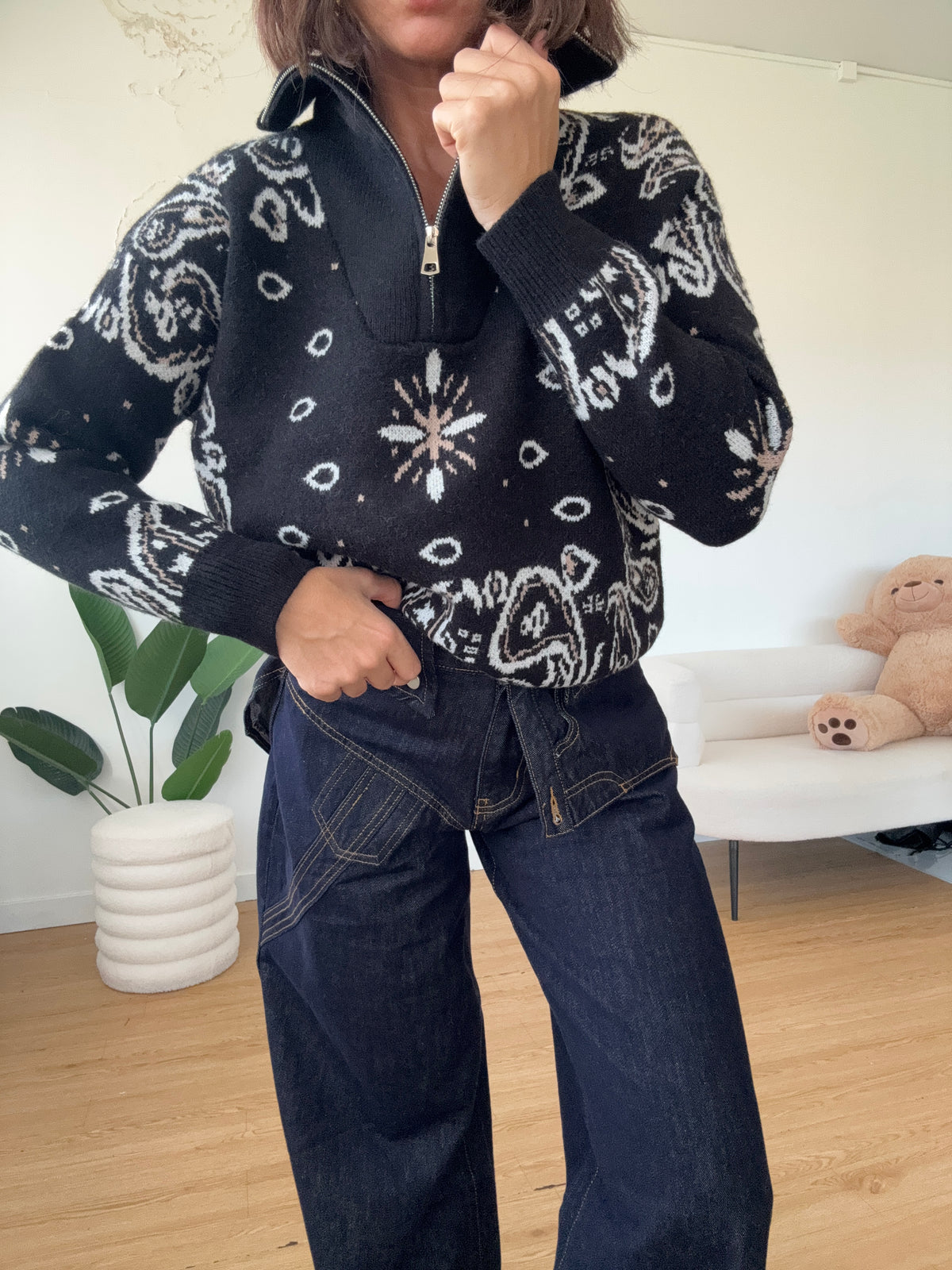 Maglione collo alto con zip stampa cachemire