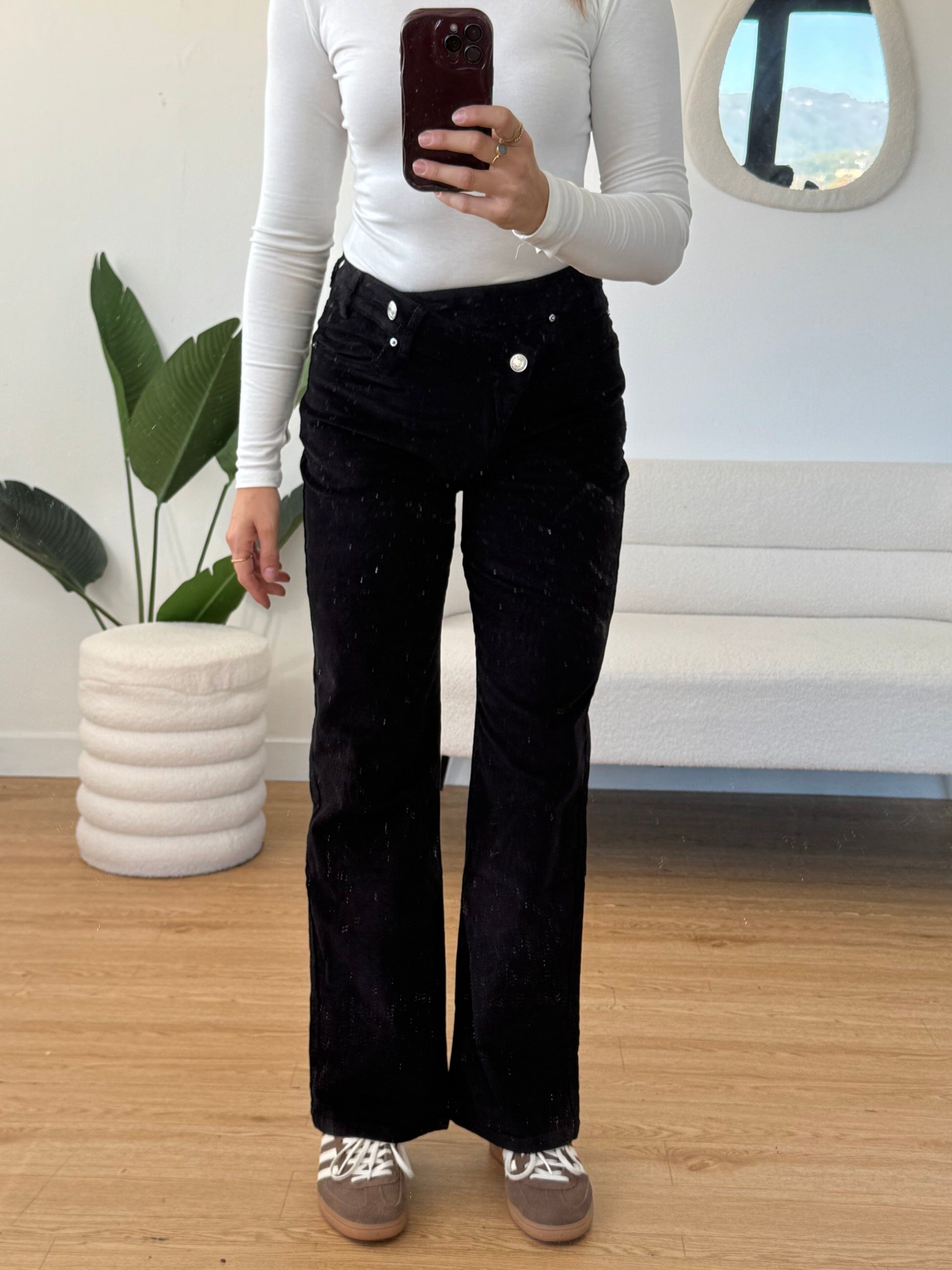 Jeans velluto chiusura asimmetrica nero