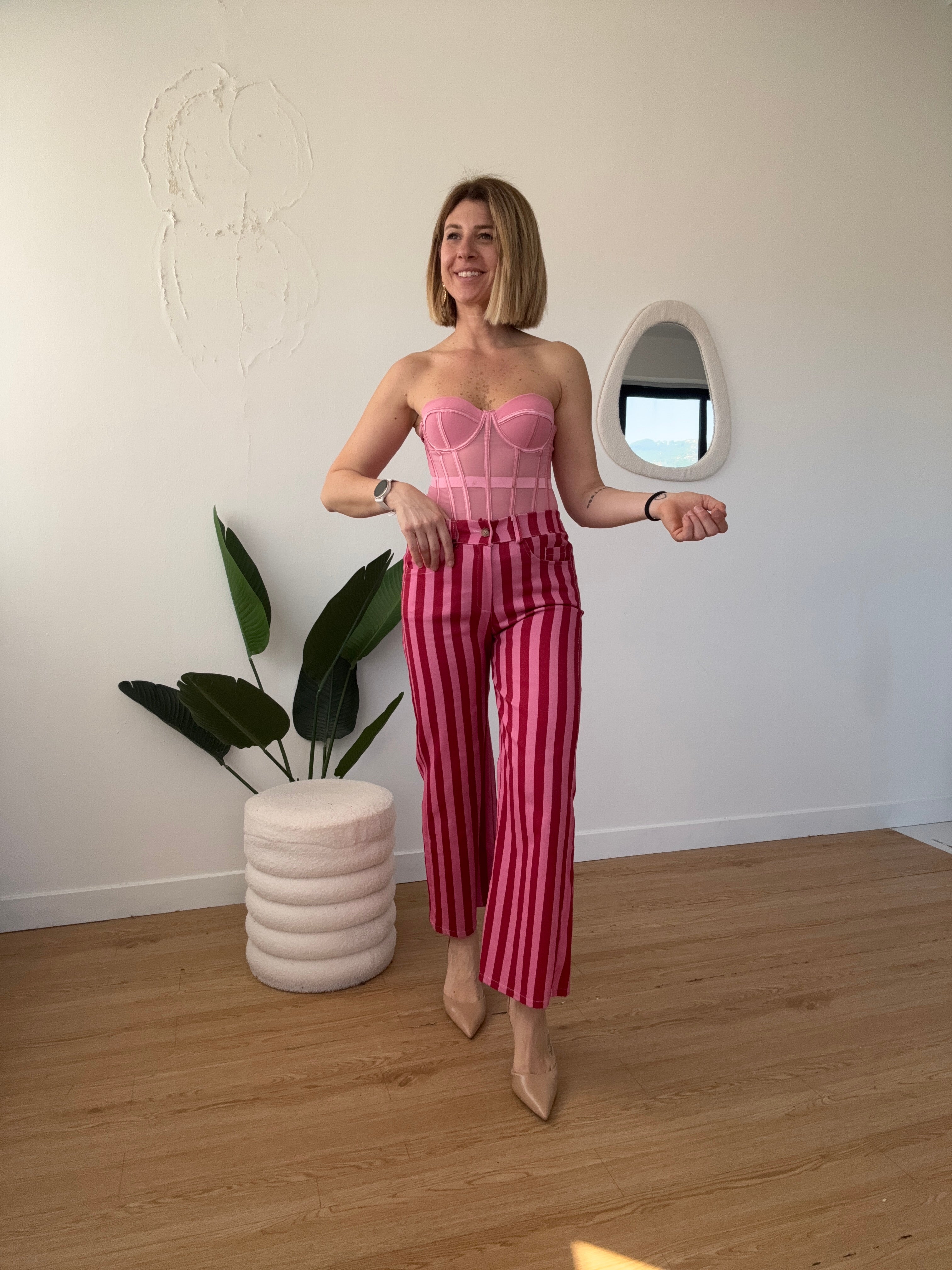 Jeans a righe 7/8 rosa e rossi