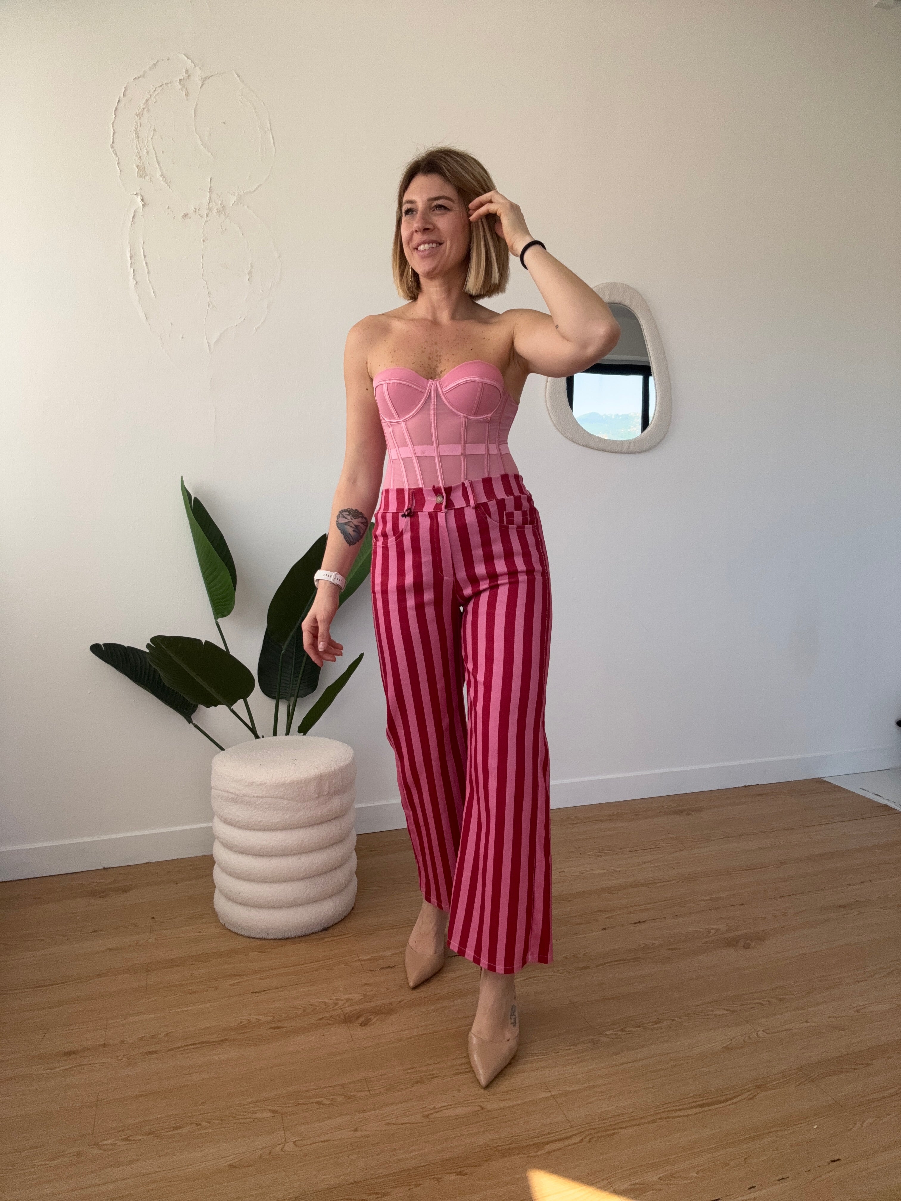 Jeans a righe 7/8 rosa e rossi