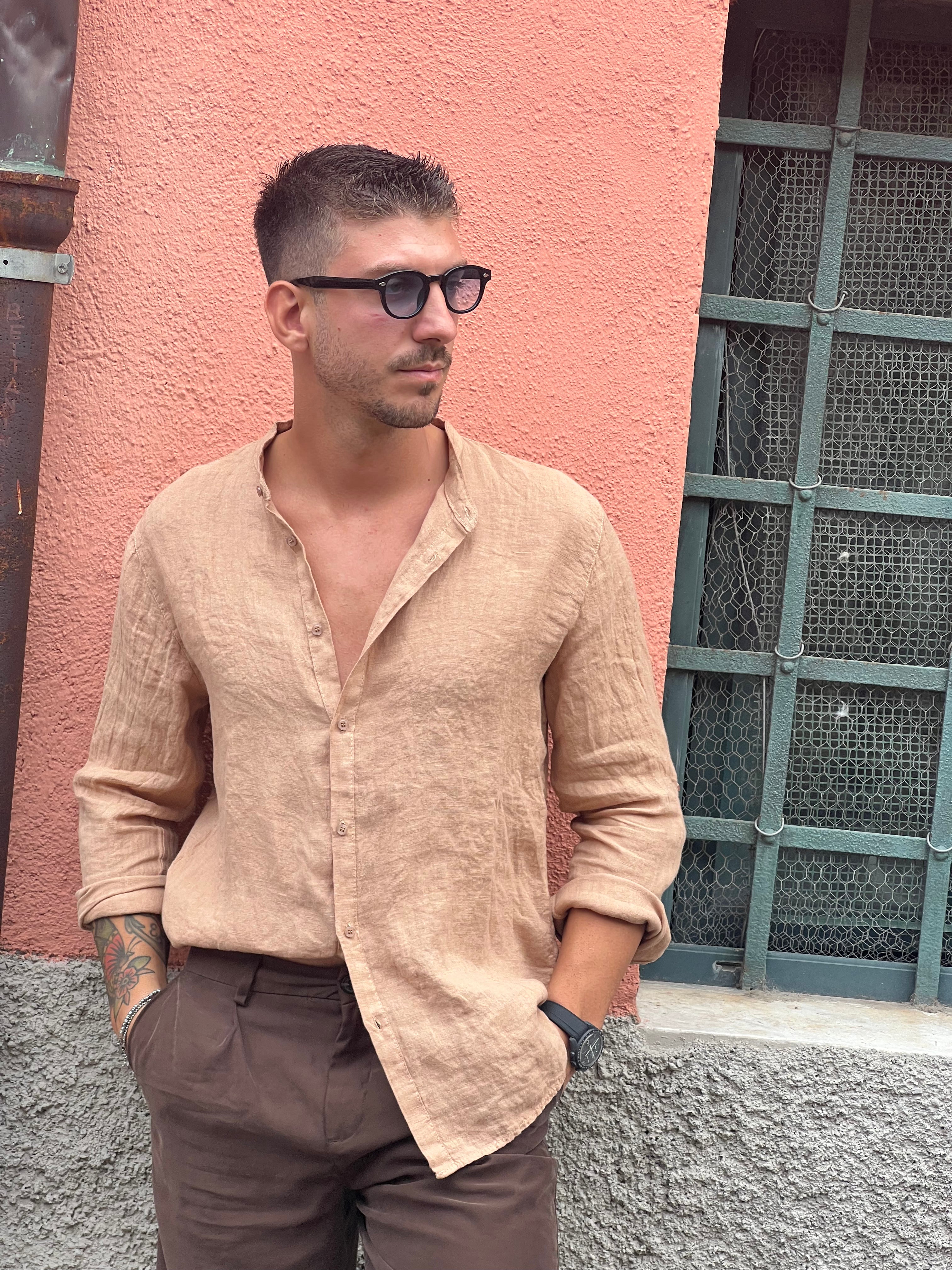 Camicia di lino coreana beige