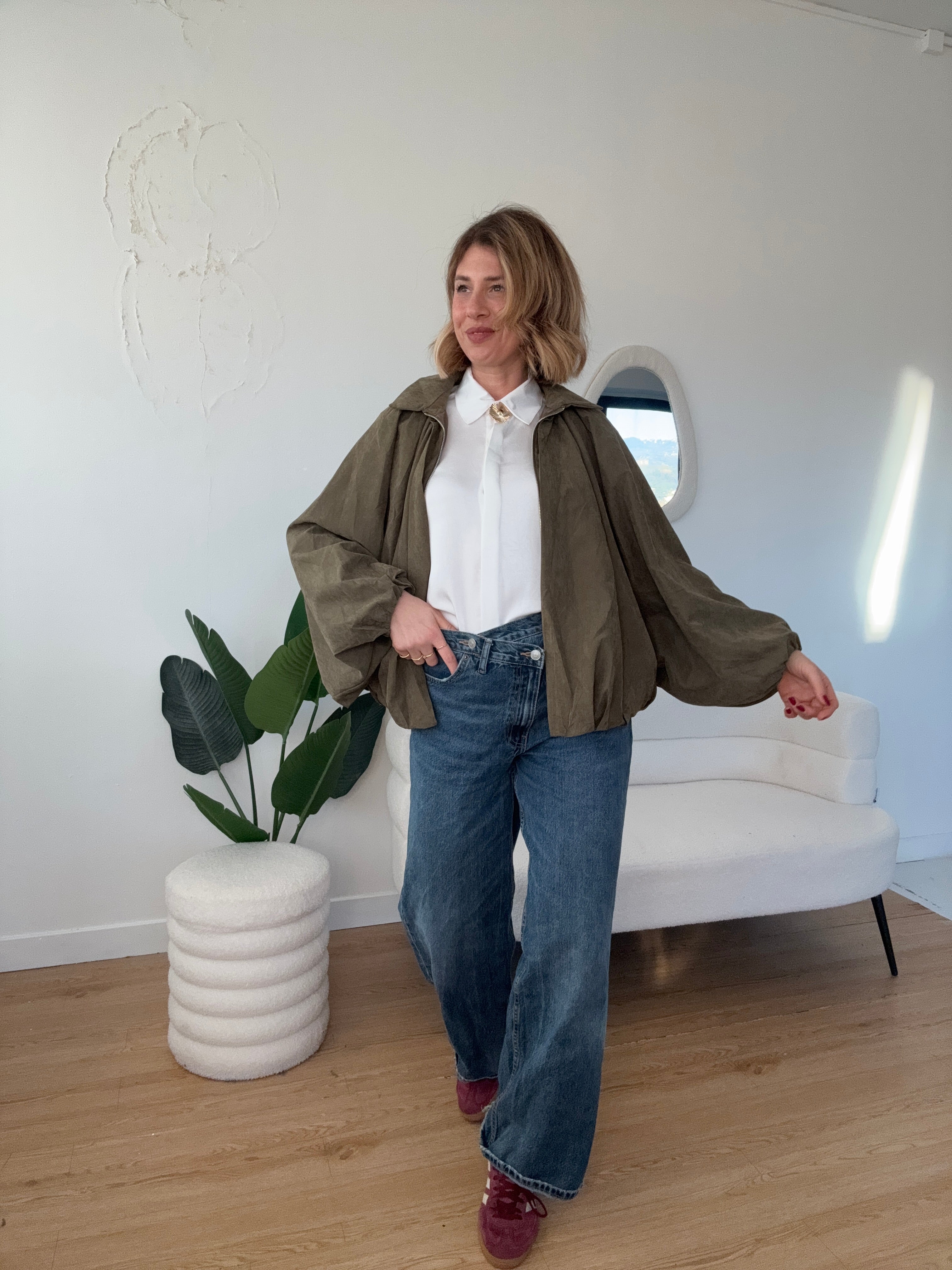 Giacca manica a pipistrello scamosciata