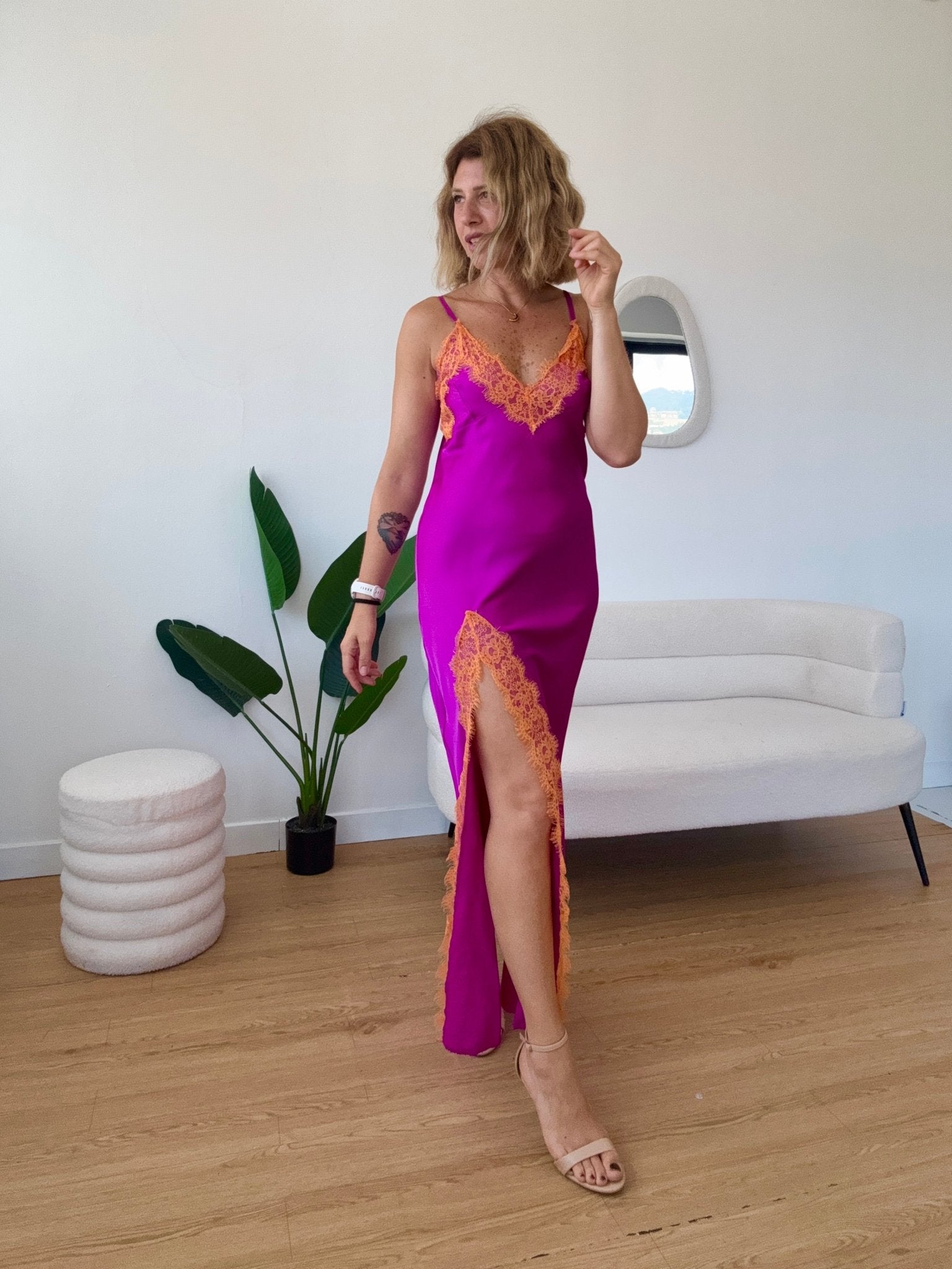 Abito lungo effetto seta con pizzo e spalline Eden - G.Glamour