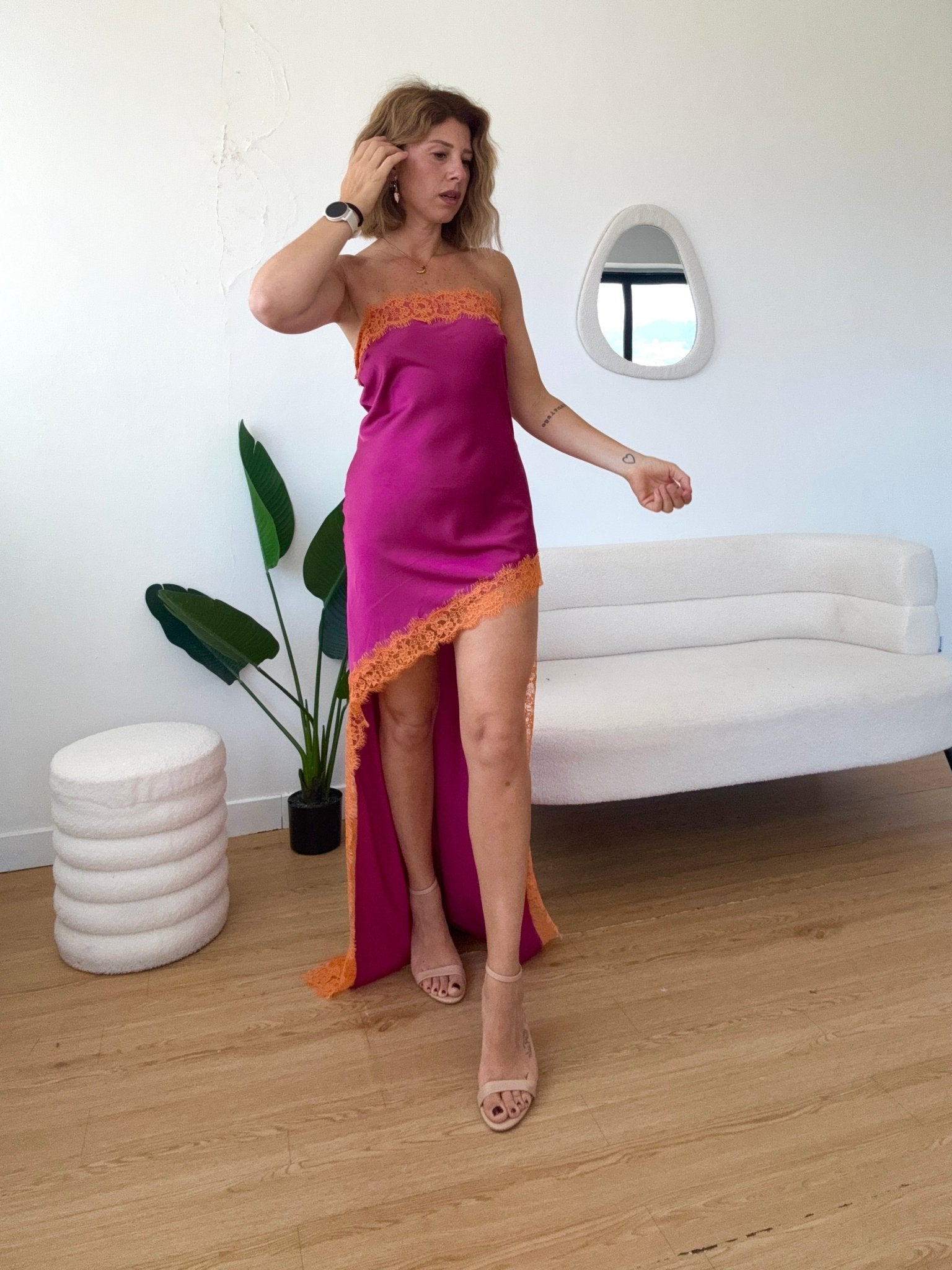 Abito senza spalline asimmetrico effetto seta con pizzo Michelle - G.Glamour