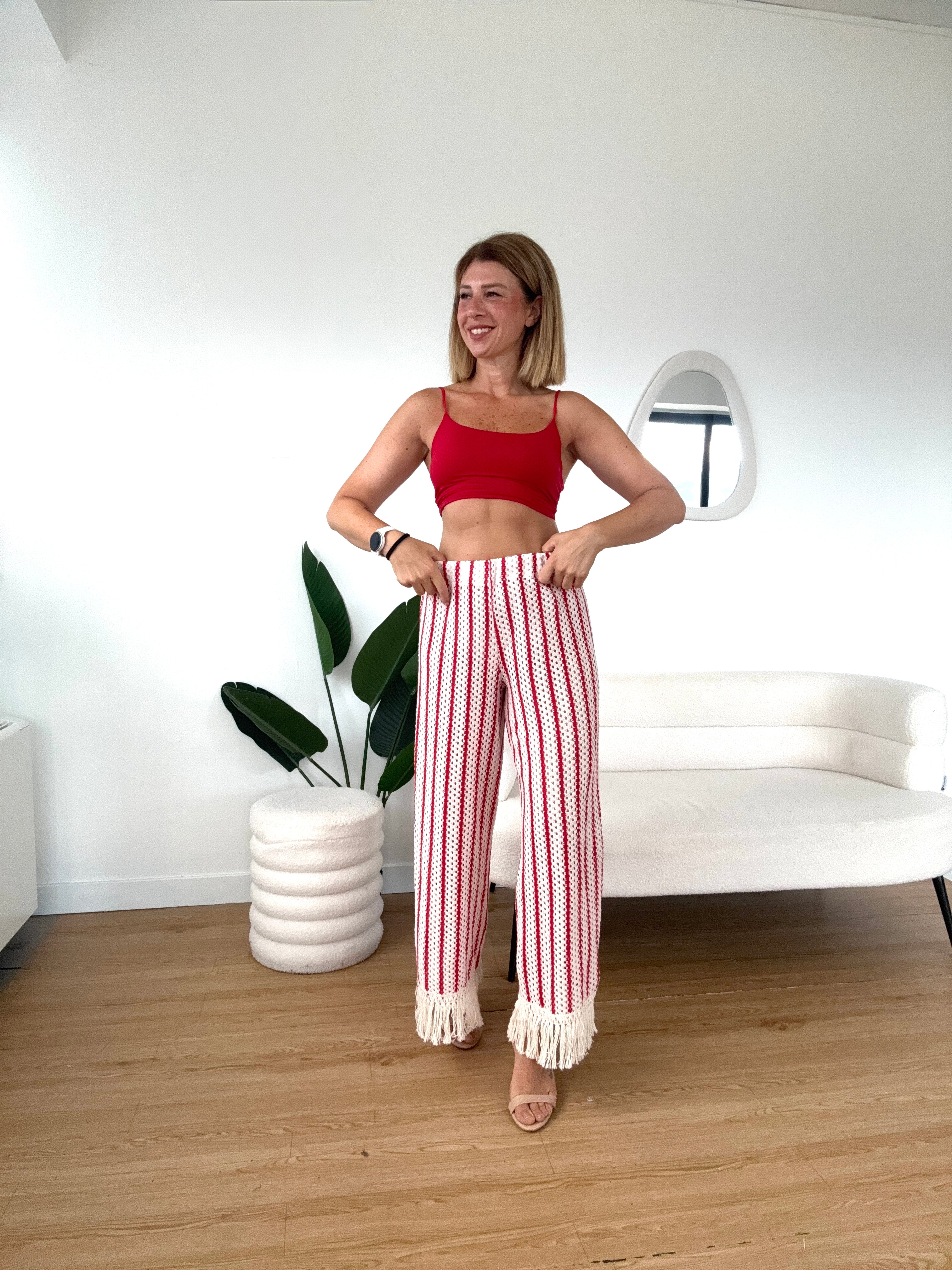 Pantaloni crochet a righe con frange completo Paros