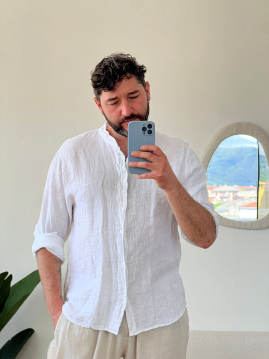 Camicia lino collo coreano bianca