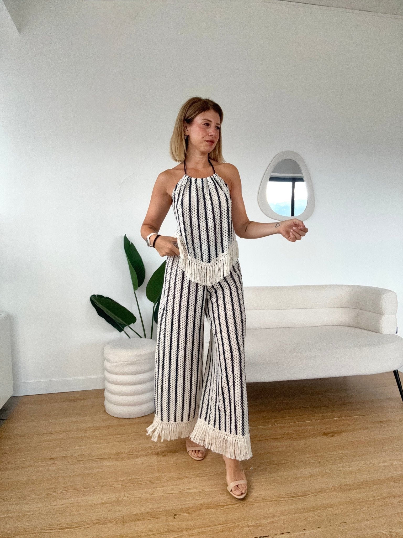 Pantaloni crochet a righe con frange completo Paros - G.Glamour