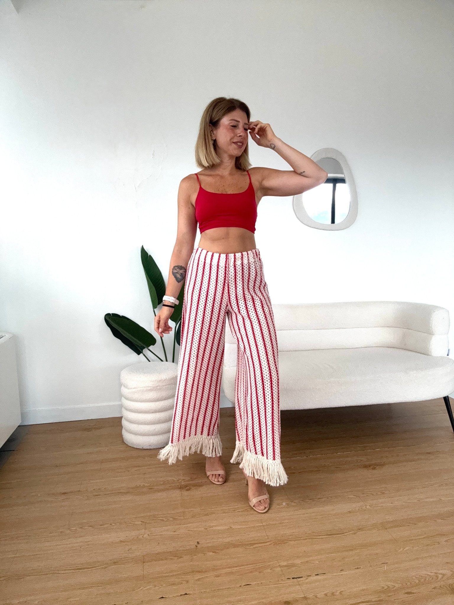 Pantaloni crochet a righe con frange completo Paros - G.Glamour